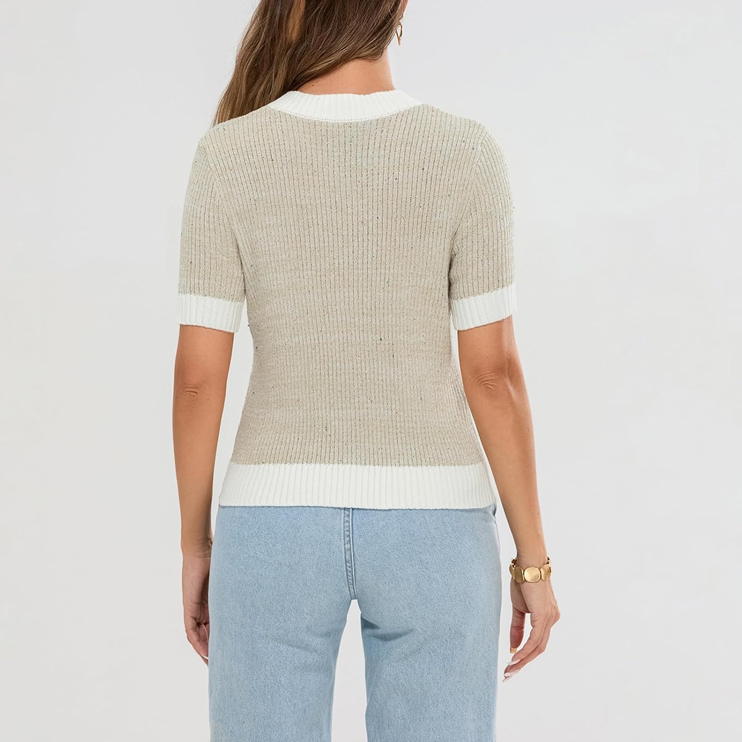 Womens Short Sleeve Button Down Cardigans Sweater Cropped Lightweight Crew Neck Elegant Knit Tops with Pockets - Image 7