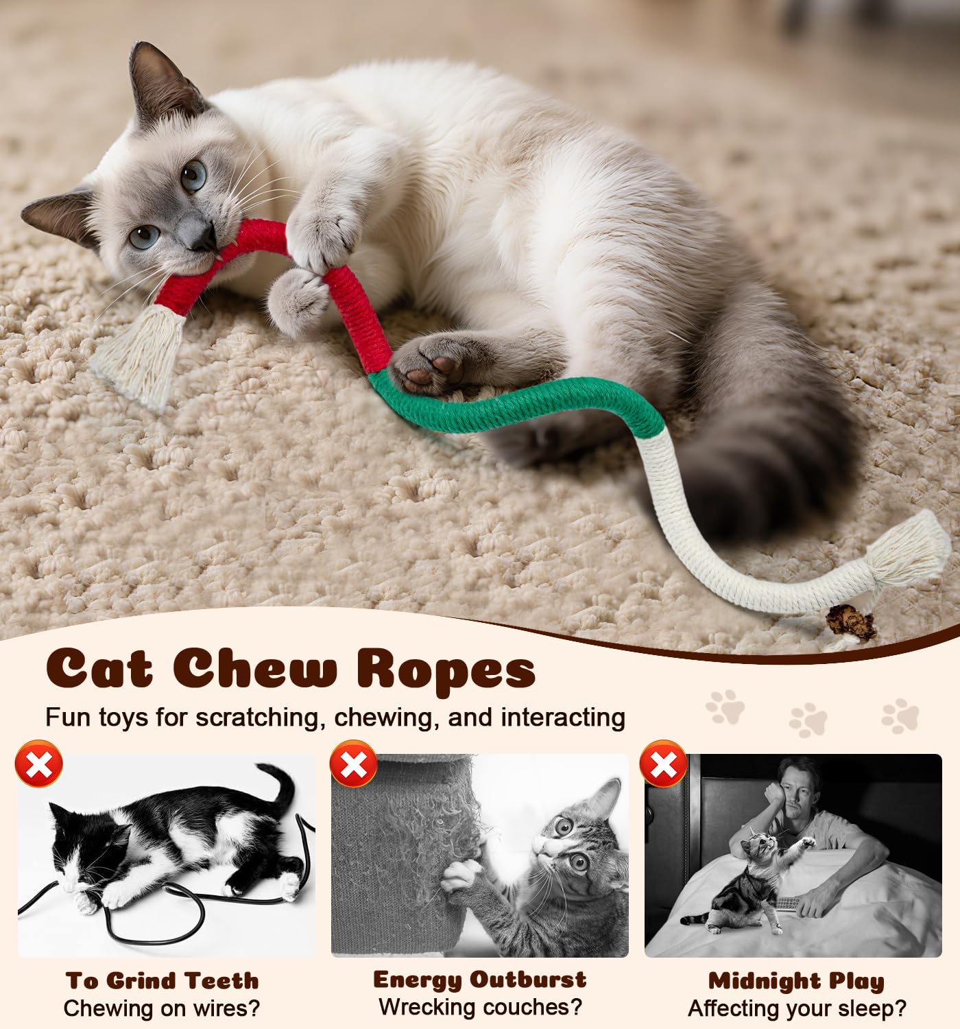 Cuerdas masticables para gatos, 4 piezas, juguetes para gatos de interior con hierba gatera natural recargable, juguetes masticables de limpieza segura de dientes, juguetes interactivos para