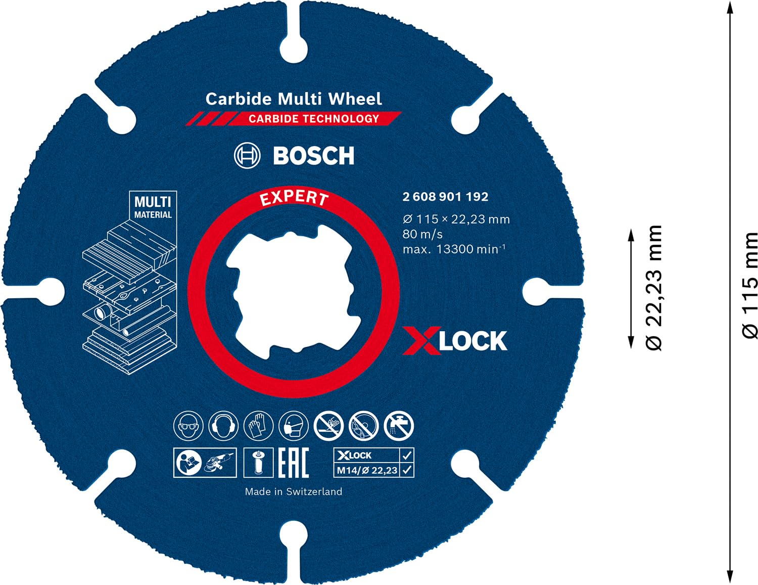 Bosch 1x EXPERT Carbide Multi Wheel X-LOCK Kesici Diskler (Sert ahşap, Çivili ahşap, Plastik, Alçıpan panel, Ø 115 mm, Aksesuar Küçük Avuç Taşlama Makinesi)