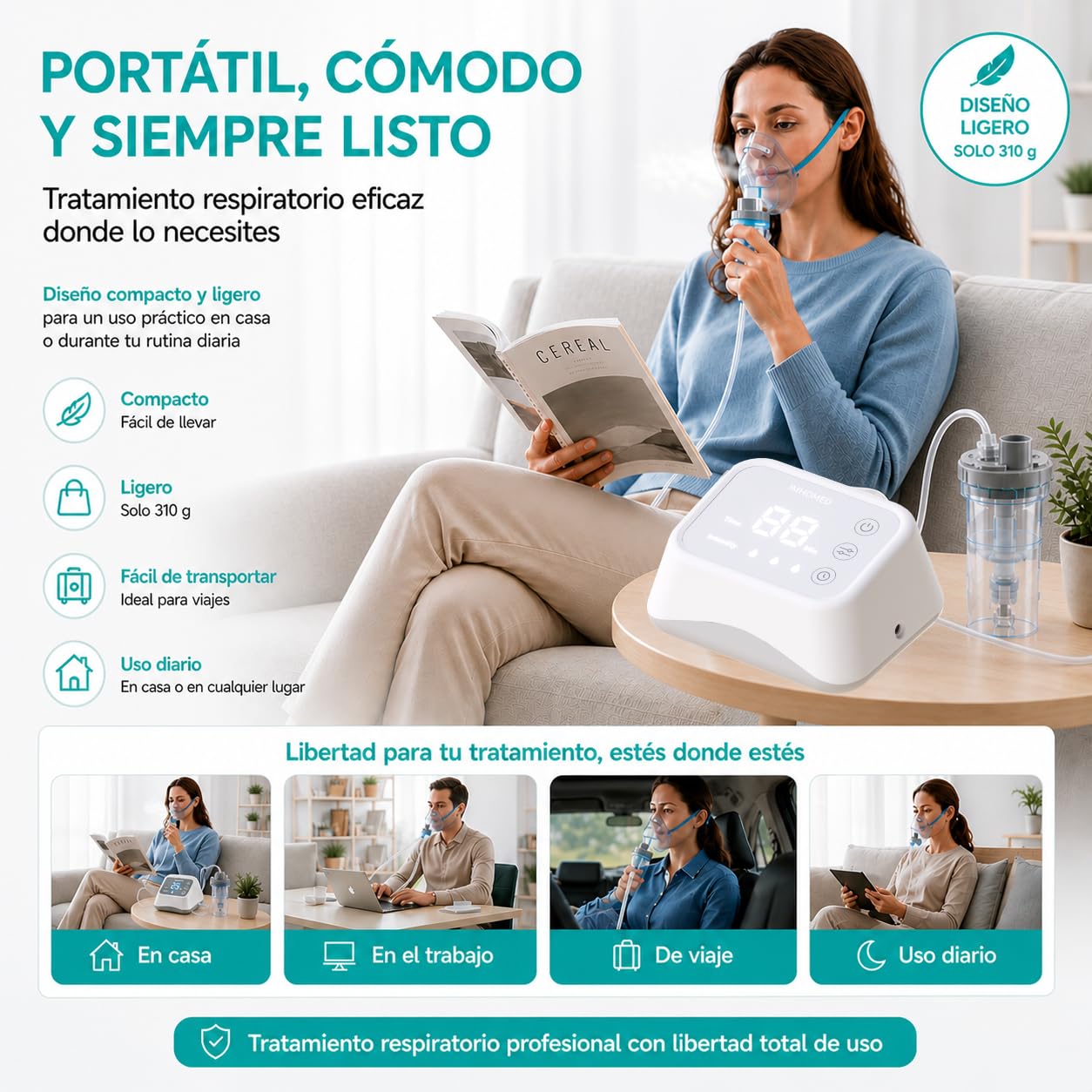 Nebulizador Portatil Bebe Adultos y Niños Con REGULACIÓN DE FLUJO, Inhalador Nasal para Enfermedades respiratorias, Alta Capacidad de Atomización, Tecnología con Compresor de aire