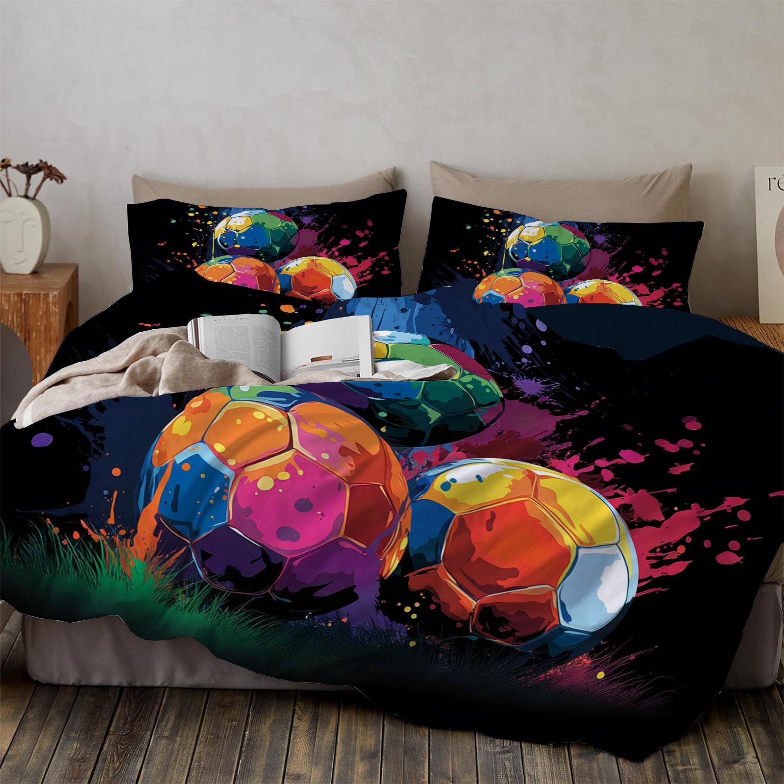 Housse de couette football 240x260cm pour lit 2 personnes style artistique coloré
