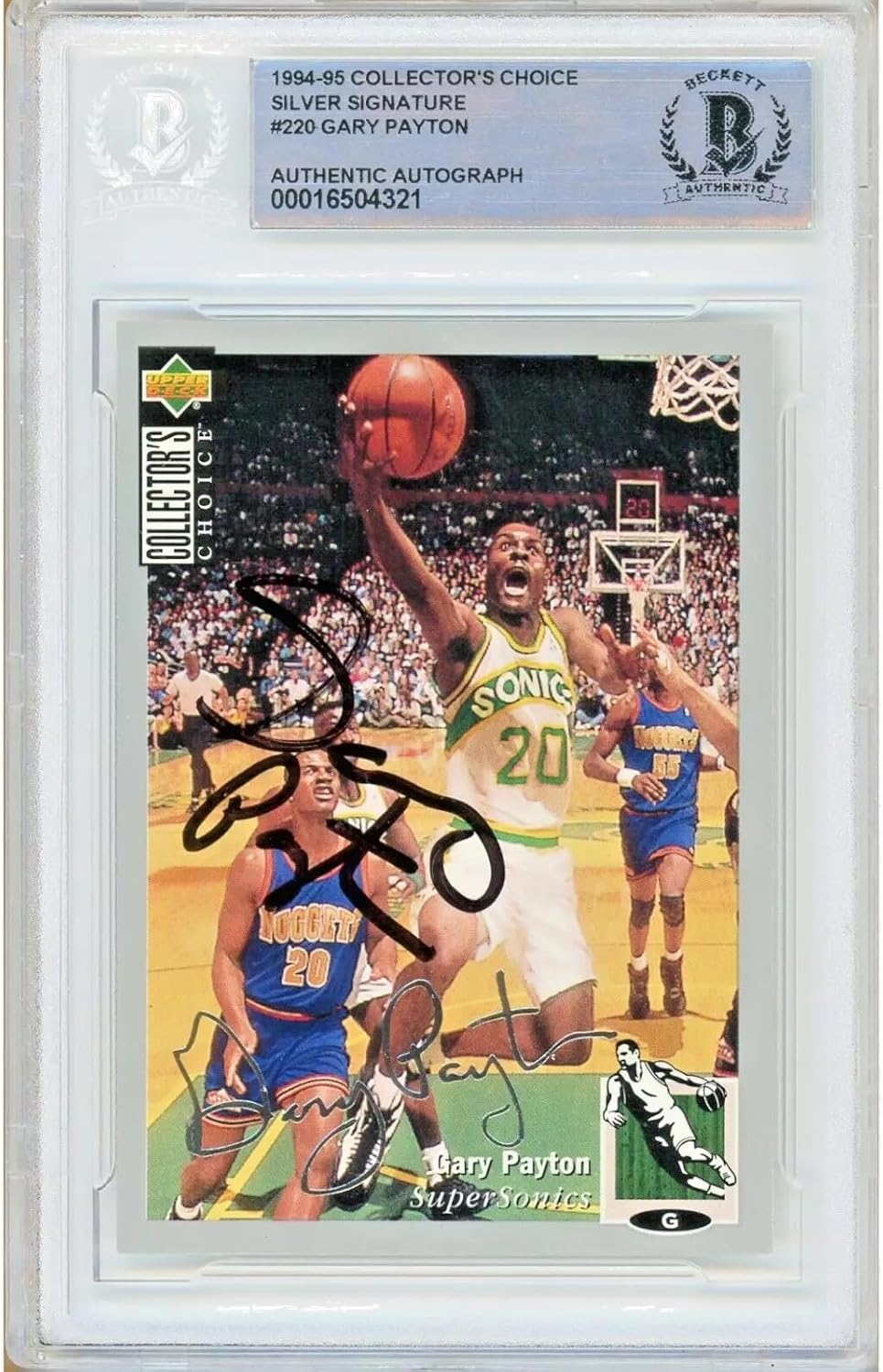 Gary Payton Autographed 1994 1995 Upper Deck Collectors Choice Silver Signature #220 Basketball Trading Card Beckett BAS Authentic Slabbed Played For Seattle Sonics NBA