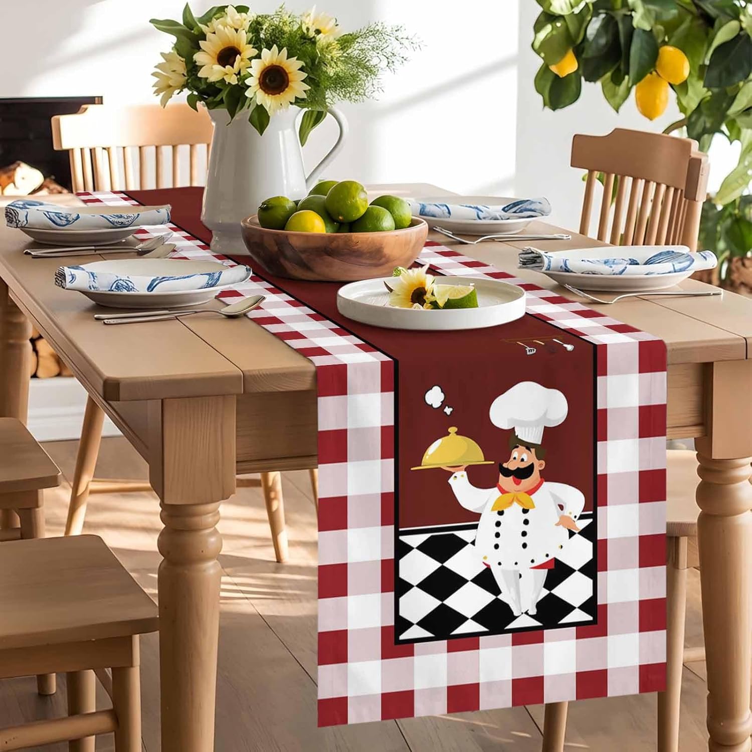 Fat Chef Table Runner 90 Inches Long,Cotton Linen Buffalo Plaid Checked Flag Kitchen Dinner Dining Table Runners Decor And Accessories, Burlap Red Tablerunner for Coffee/Dining/Party/Wedding Table