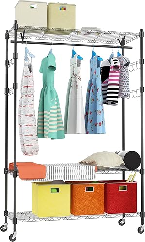 Estante de 3 niveles con doble barra, ruedas con cerradura y 1 par de ganchos laterales, soporta hasta 400 libras