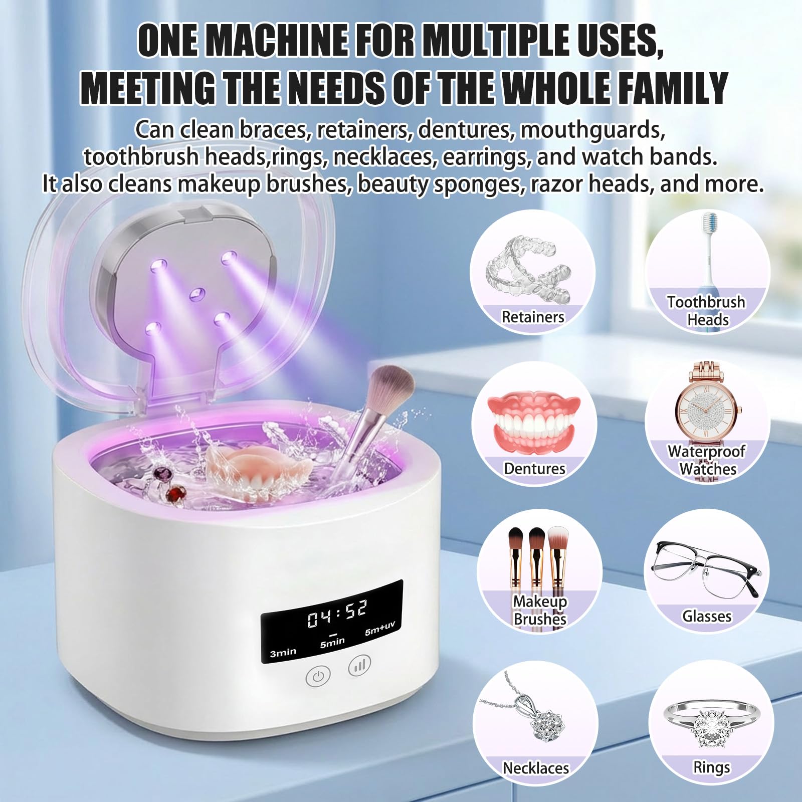 Pulitore Ultrasuoni 50000Hz, Pulitori Ultrasuoni, Ricaricabile Lampada UV Ultrasonic Cleaner, 380ml, 3 Modalità per Apparecchi Ortodontici, per Protesi, Allineatori, Testine Di Spazzolini, Gioielli