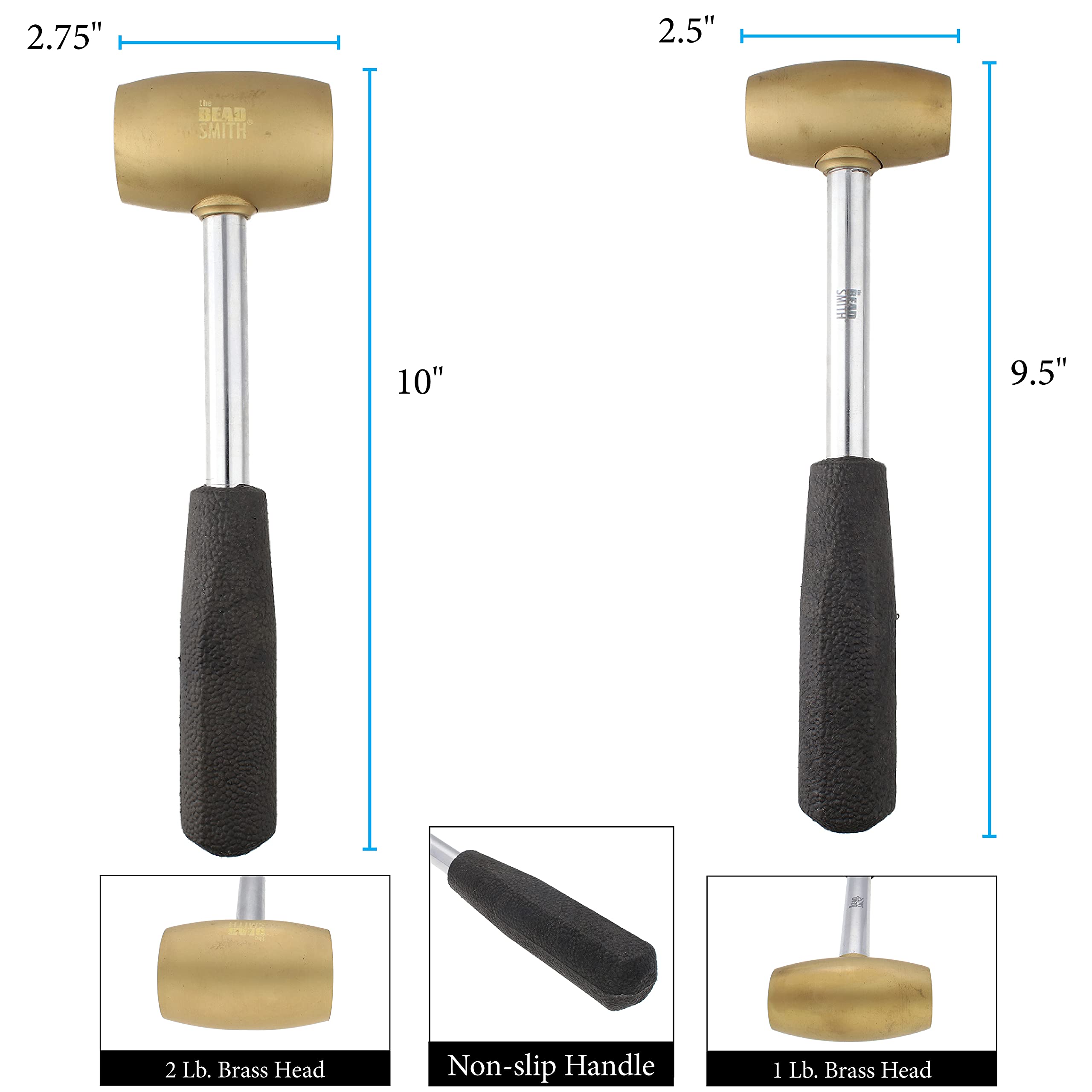 The Beadsmith Mosiężny młotek Combo – elementy metalowe – 2 sztuki: głowica 0,5 kg z głowicą 24 mm i głowicą 0,9 kg z powierzchnią 38 mm – mosiężne i blaszane młotki do drapowania, gonienia i lekkiego stemplowania