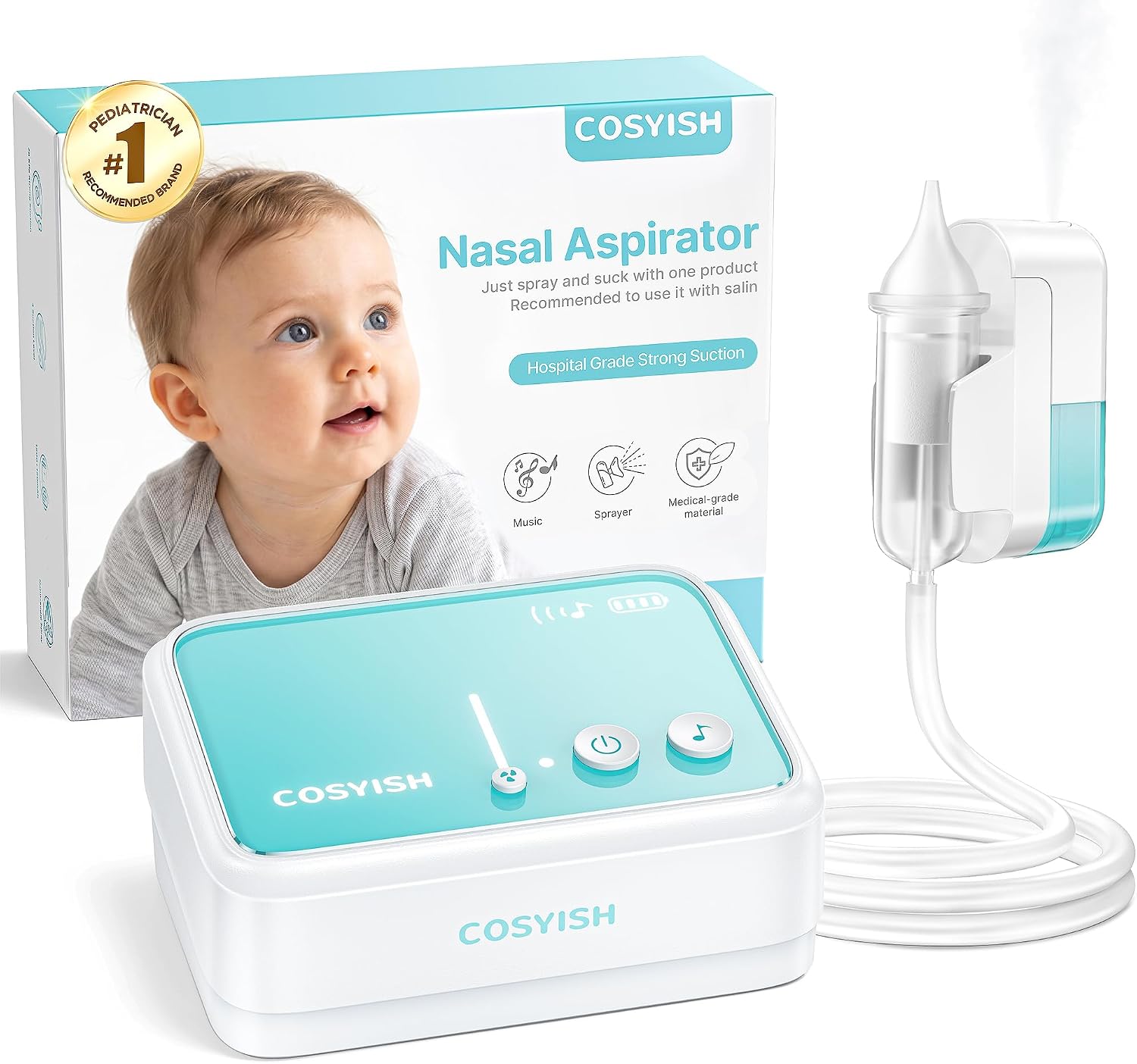 Nasal Aspirator for Baby, Hospital-Grade 78kPa Strong Suction Baby Nose Sucker with Anti-Backflow, Electric Nose Suction for Baby, Soothing Lullabies, Rechargeable Baby Nasal Aspirator(Blue-T)