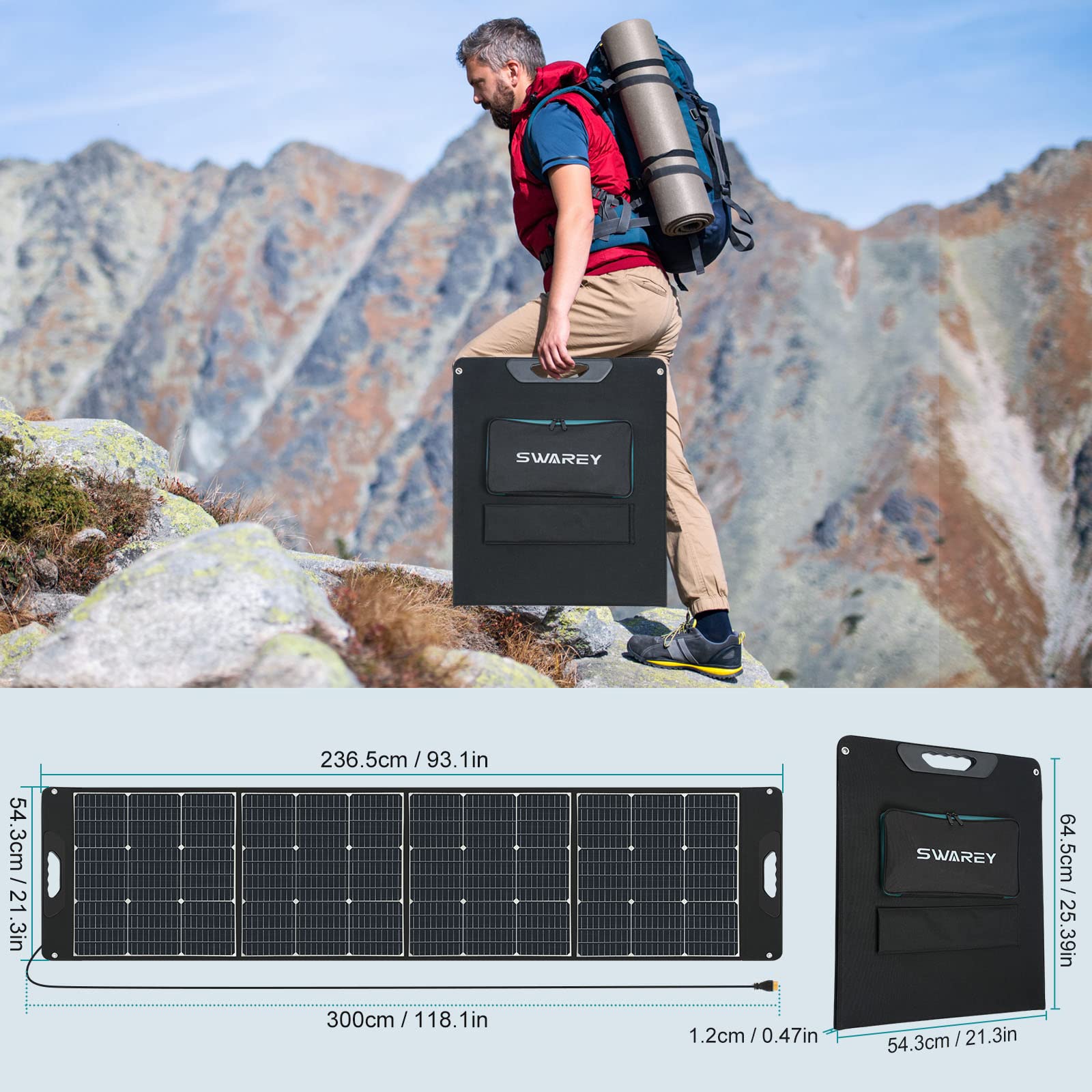 Pannello Solare Portatile SWAREY 30W – ETFE, 23% Efficienza, 2 Porte USB (QC3.0 E 5V/2.4A), Pieghevole 680g