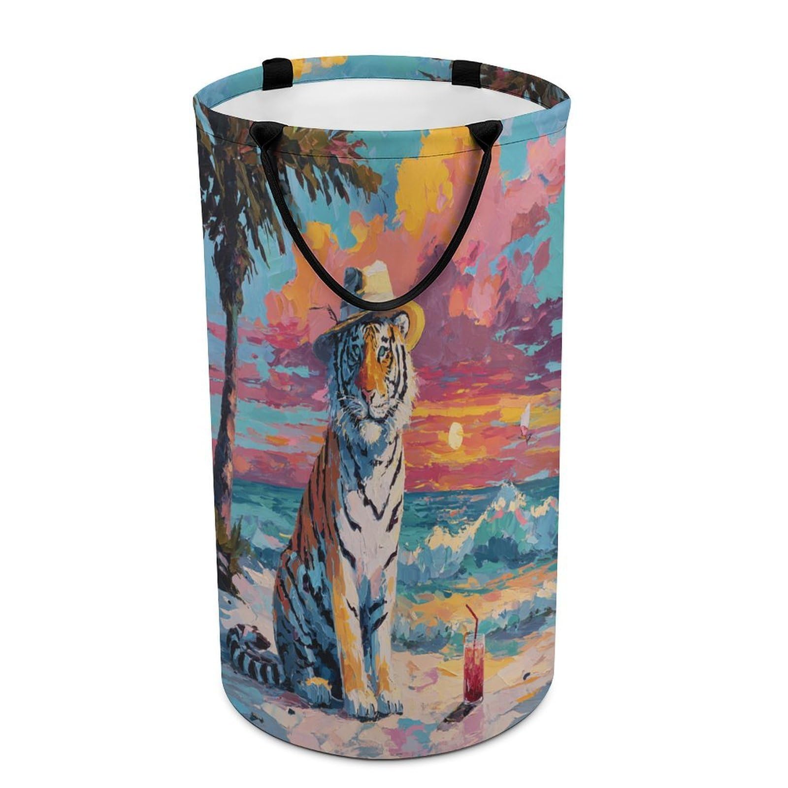 LUYYSKY Fantasy Retro Animal Tiger Versatile Storage Laundry Basket, Rustic Vintage Sunset Beach Tropical Plant Palm Tree Large Bathroom Laundry Hamper With Handle-40 CM Dia, 69 CM High