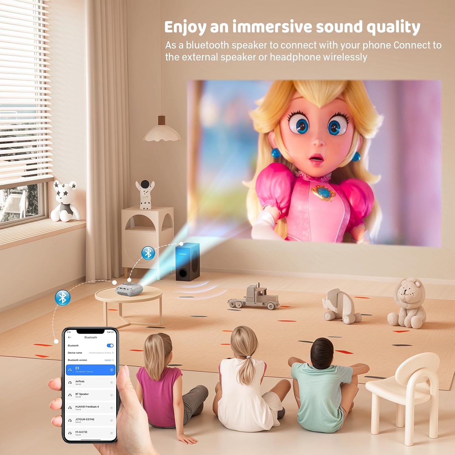 Image showing a projector connected to a Bluetooth speaker, indicating immersive sound quality.