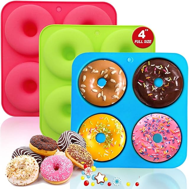 Walfos Full Size Silicone Doughnut Mould - 4 Inch Big Size Silicone Doughnut Pan Set, Non-Stick, Just Pop Out! Heat Resistant, BPA Free and Dishwasher Safe, for Donut Cake Biscuit Bagels (3PK)