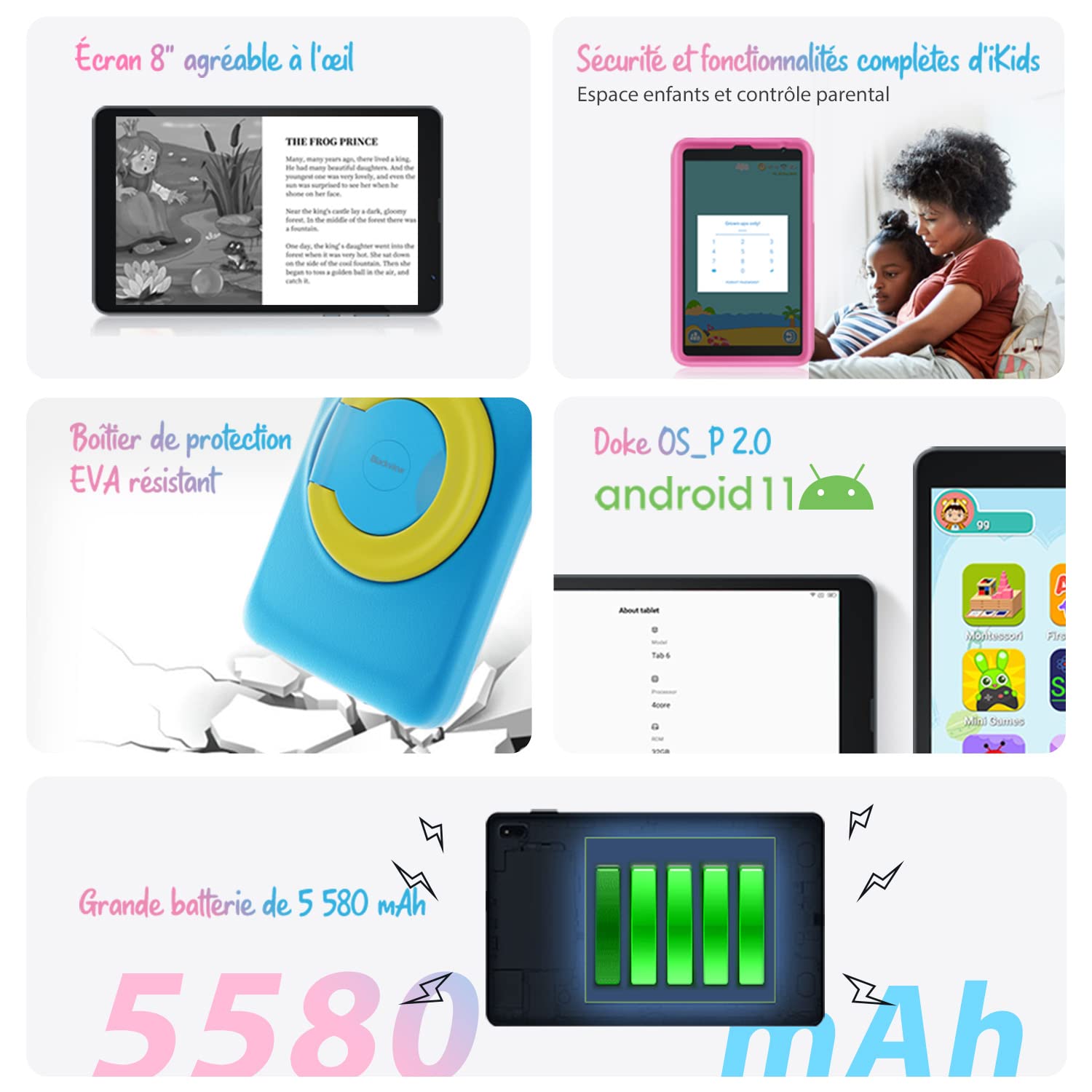 Blackview Tablette Enfants 8 Pouces HD Tab 6 Kids Tablette pour Enfants 3Go RAM+32Go ROM, Android 11 Tablette Éducative 5580mAh, iKids Pré-installé/Contrôle Parental/Dual SIM 4G+5G WiFi/GPS, Rose