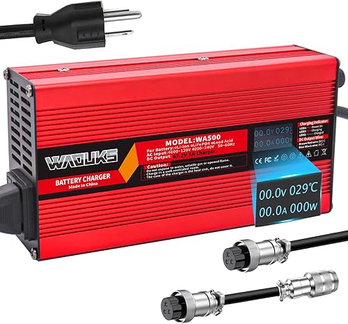 67.2V 5A Li-ion Battery Smart Charger Red Aluminum Case with Cooling Fan Used for 16S 60V 15Ah 20Ah 25Ah 30Ah 40Ah 50Ah 60Ah Li-ion Battery with OLED Display