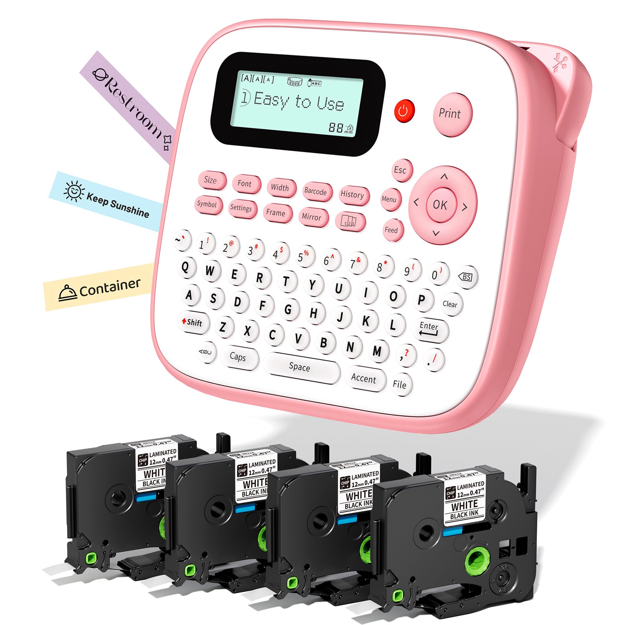 Label Maker Machine with Tapes Bundle, Pink Label Maker Waterproof-Labels, Desktop Labeler Machine with 4PK Tapes Laminated White for Home Kids School