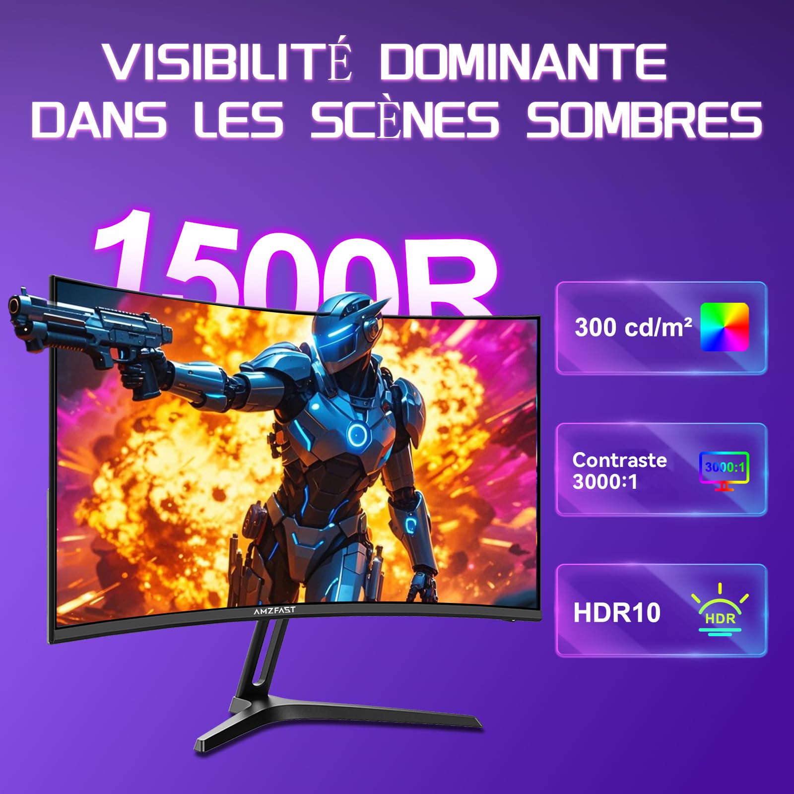 Amzfast Écran PC Gamer Incurvé 24 Pouces - 180Hz, FHD 1920x1080, sRGB 130% / DCI-P3 97%, 1 ms MPRT, Anti-Lumière Bleue, Adaptive Sync, HDMI 1.4 + DP 1.2, VESA 75x75, AMZG24C1