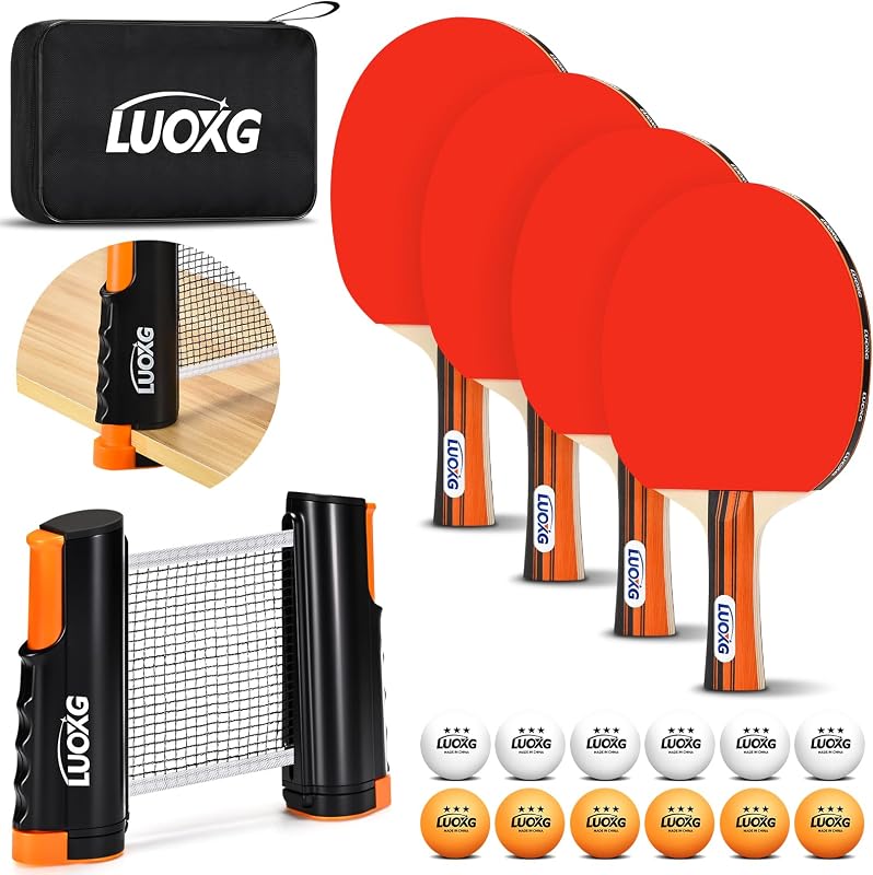 Juego de palas de ping pong para 4 jugadores con red retráctil y 12 pelotas | Juego de 4 paletas de tenis de mesa, red de ping pong retráctil con abrazaderas para juegos familiares