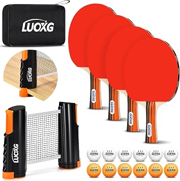 4Player Ping Pong Paddles Set with Retractable Net and 12 Balls | Table Tennis Paddles Set of 4, Retractable Ping Pong Net with Clamps for Family Games