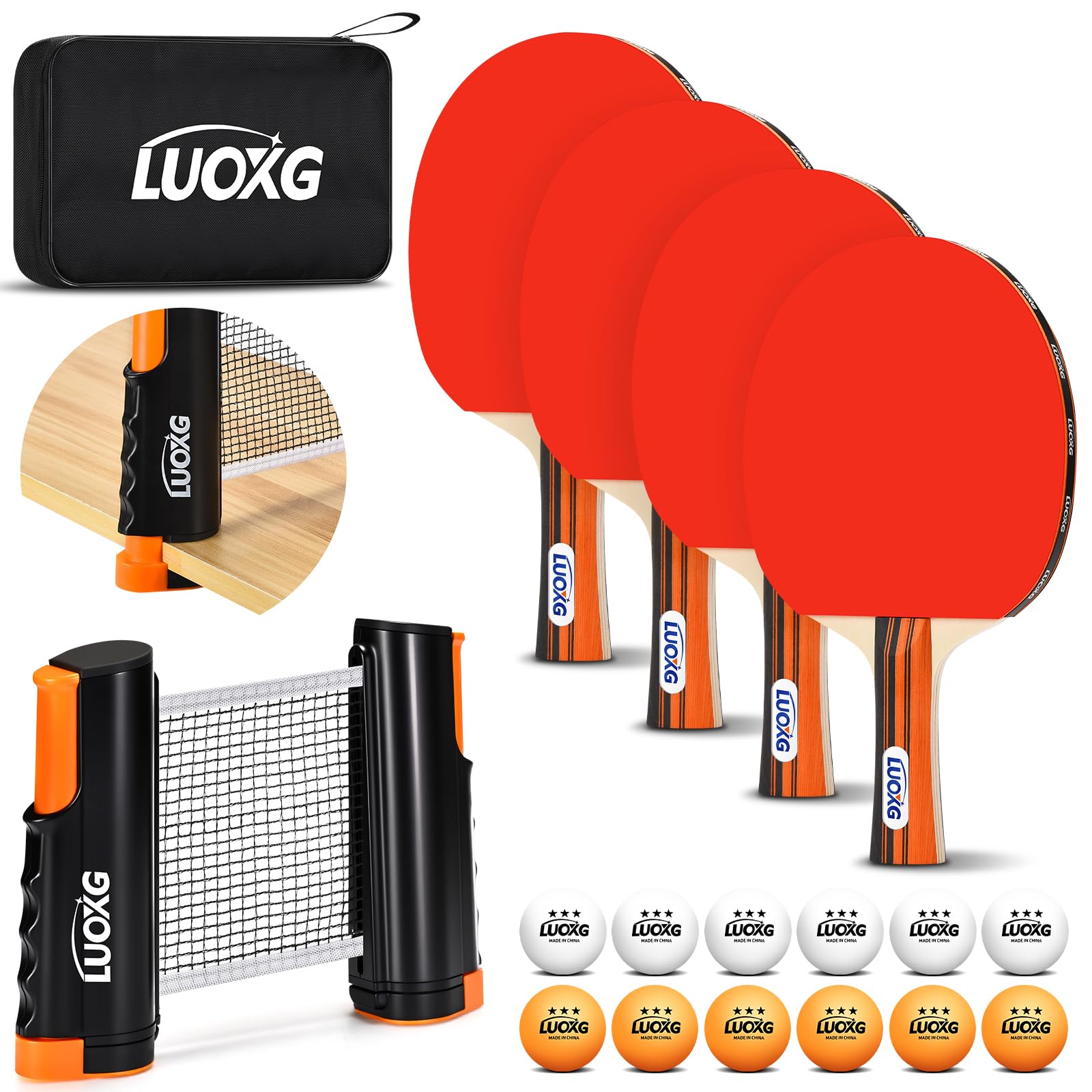4‑Player Ping Pong Paddles Set with Retractable Net and 12 Balls