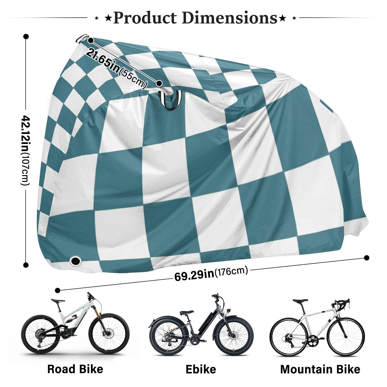 Housse de vélo d'extérieur imperméable à carreaux verts et blancs avec trous de verrouillage - Résistante aux UV - Pour intérieur et extérieur - Convient à la plupart des accessoires de vélo
