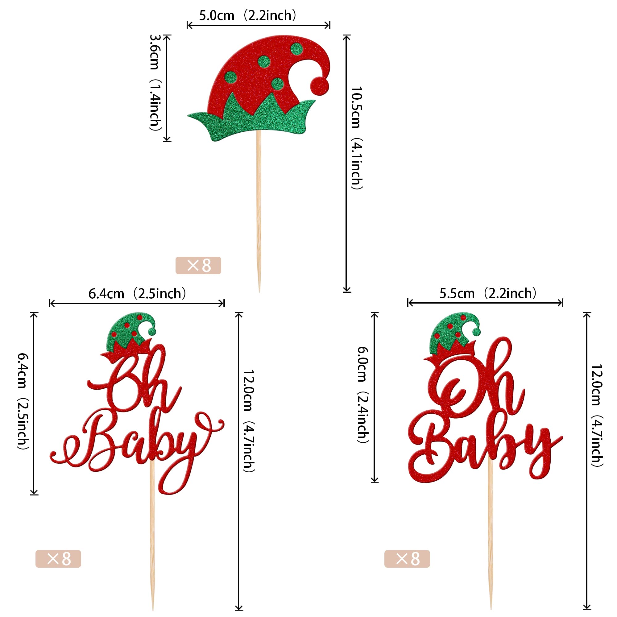 24 PCS Christmas Elf Oh Baby Cupcake Toppers With Glitter Hat - Baby Shower Gender Reveal Picks for Elf Theme Kids Birthday Party Cake Decorations Supplies