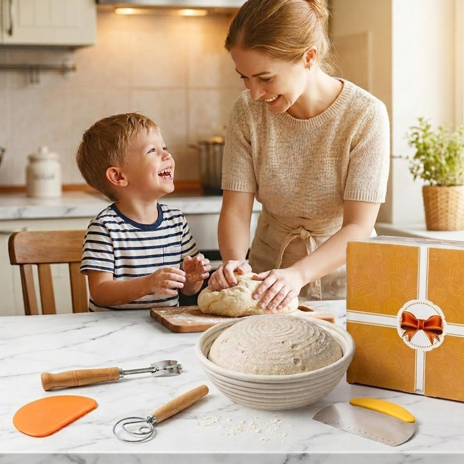 Banneton Pour Pain, Kit Boulangerie Levain, Corbeille a Pain en Rotin Naturel, Kit boulangerie avec Lame Boulanger, Panier Fermentation Pain set Adapté aux DéButants et Professionnels