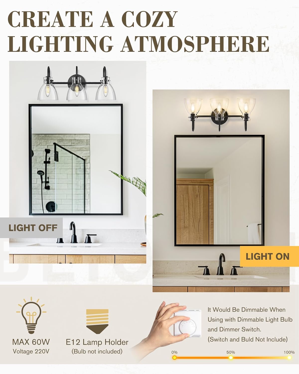 Beionxii Bathroom Light Fixtures Over Mirror, 3 Light Matte Black Vanity Fixtures with Clear Glass Shade, Bathroom Vanity Light for Mirror Living Room Hallway, BX-VL02MB-3CG