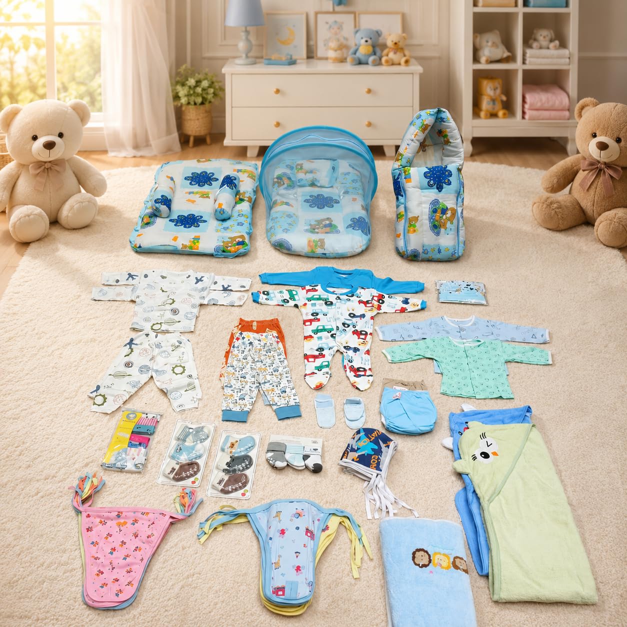 BABY STATION Newborn Baby Hospital Kit Combo Soft Cotton 65-in-1 | 0-6 Months, Blue, Monsoon & Winter Use, Bedding Essentials, Pack of 65-image-20