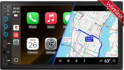 Estéreo de auto doble DIN de 7 pulgadas con CarPlay inalámbrico y Android Auto, exclusivo DSP integrado, audio de alta potencia de 240 W, pantalla