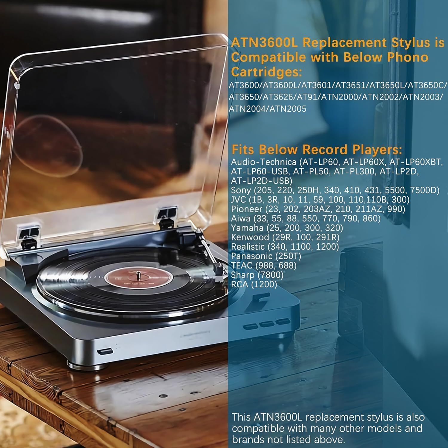 ATN3600L ATN3600LC - Puntina di ricambio per giradischi in vinile Audio-Technica AT-LP60X, AT-LP60XBT, AT-LP60XBT-USB, AT-SB727, AT-SB2022
