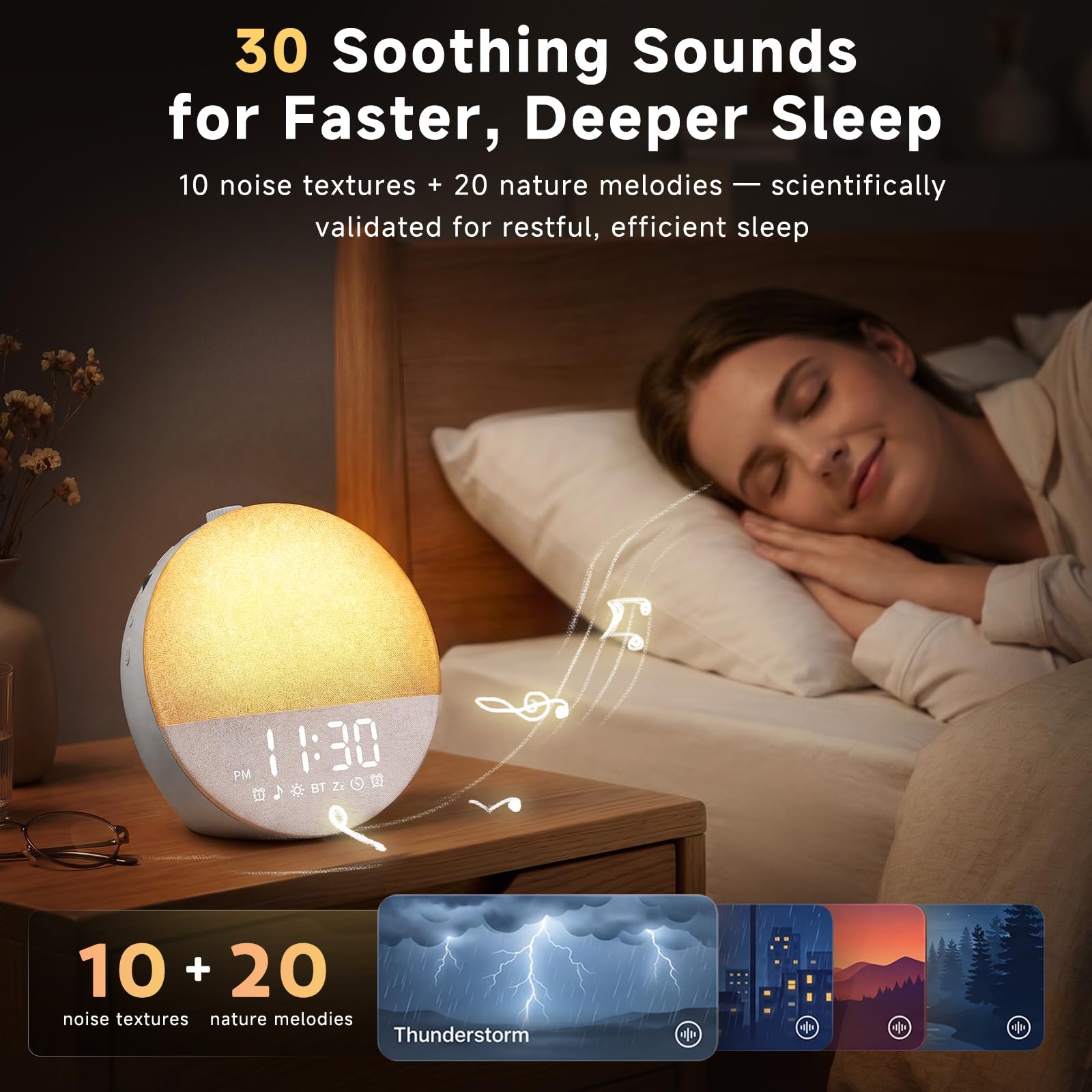 Geuuap Sonnenaufgangswecker mit weißem Rauschen | Natürliches Aufwachlicht für Schlafzimmer mit 30 beruhigenden Einschlafhilfen, Bluetooth-Lautsprecher, dimmbare Uhr, bildschirmfreies Design für Babys