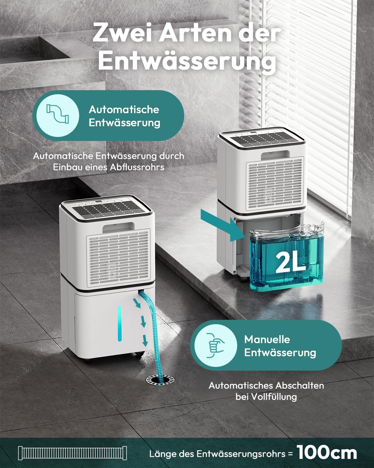 Deumidificatore Casa Muffa 12L/Giorno Per Ambienti di Circa 80 m³/30 m², 36 dB Deumidificatore Con Tubo di Scarico, Timer 24h on/off e Indicatore LED, Per Cantina, Soggiorno, Camera da Letto, Bagno