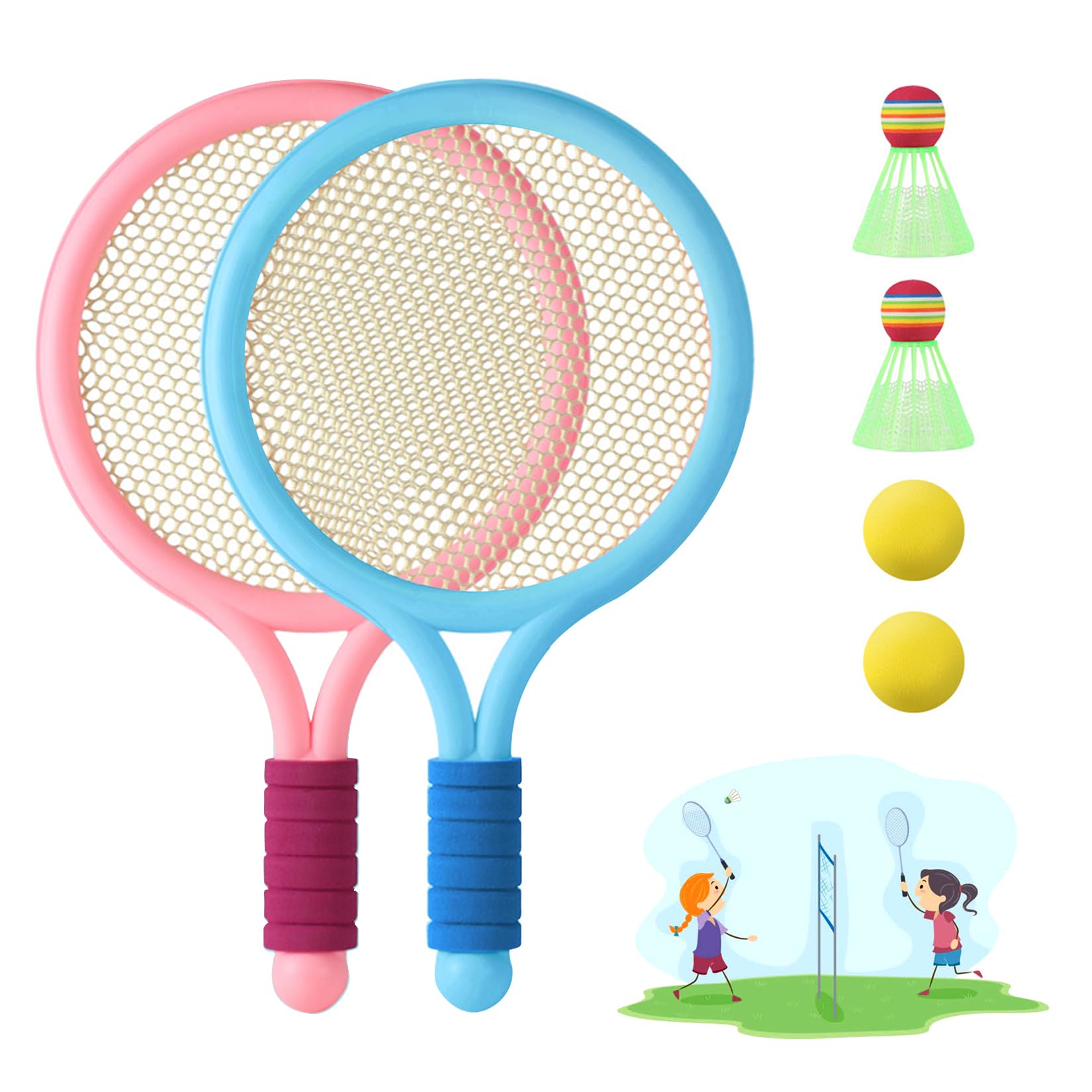 JurciCa Rraquetas Badminton Set Completo Raqueta Tenis niño 2pcs Raquetas Badminton Niños+2pcs Bádminton+2pcs Tenis Gift Set for Kids Outdoor Indoor Sport