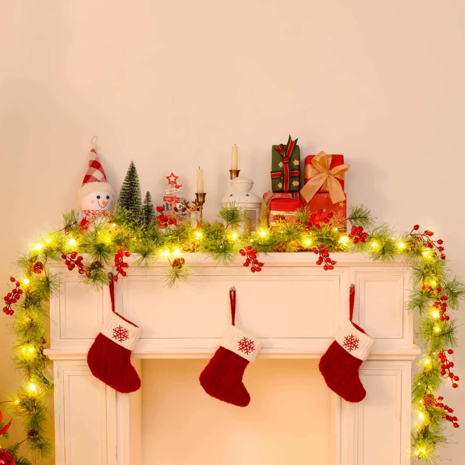 2 Pack Christmas Garland with Lights Total 13.76FT 2 Pack, Smokey Pine Garland with Red Berry for Christmas Decorations, Fireplace Winter Stairs Indoor Outdoor Decoration