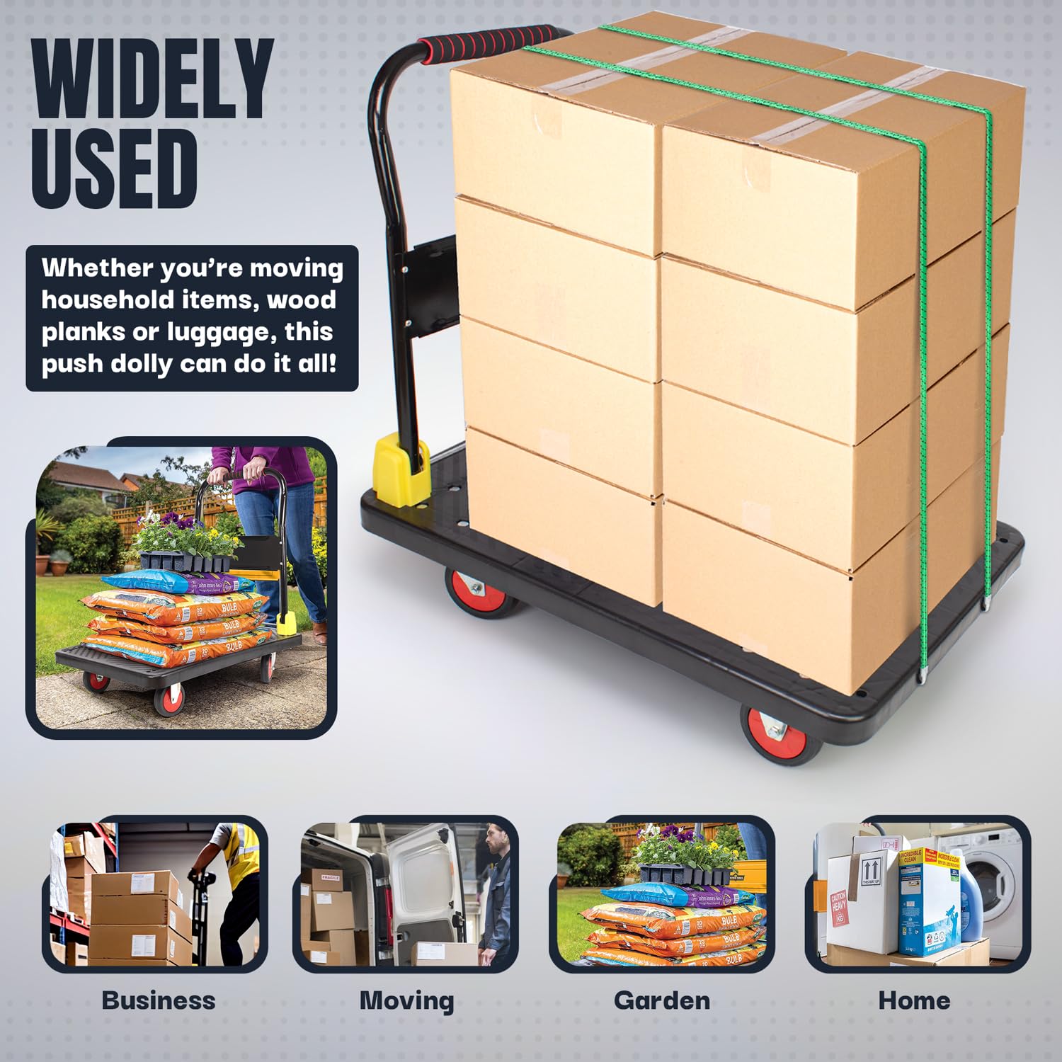 Carrello resistente con piattaforma di 400 kg con 2 corde elastiche con ganci, carrello multiuso multiuso – pieghevole versatile