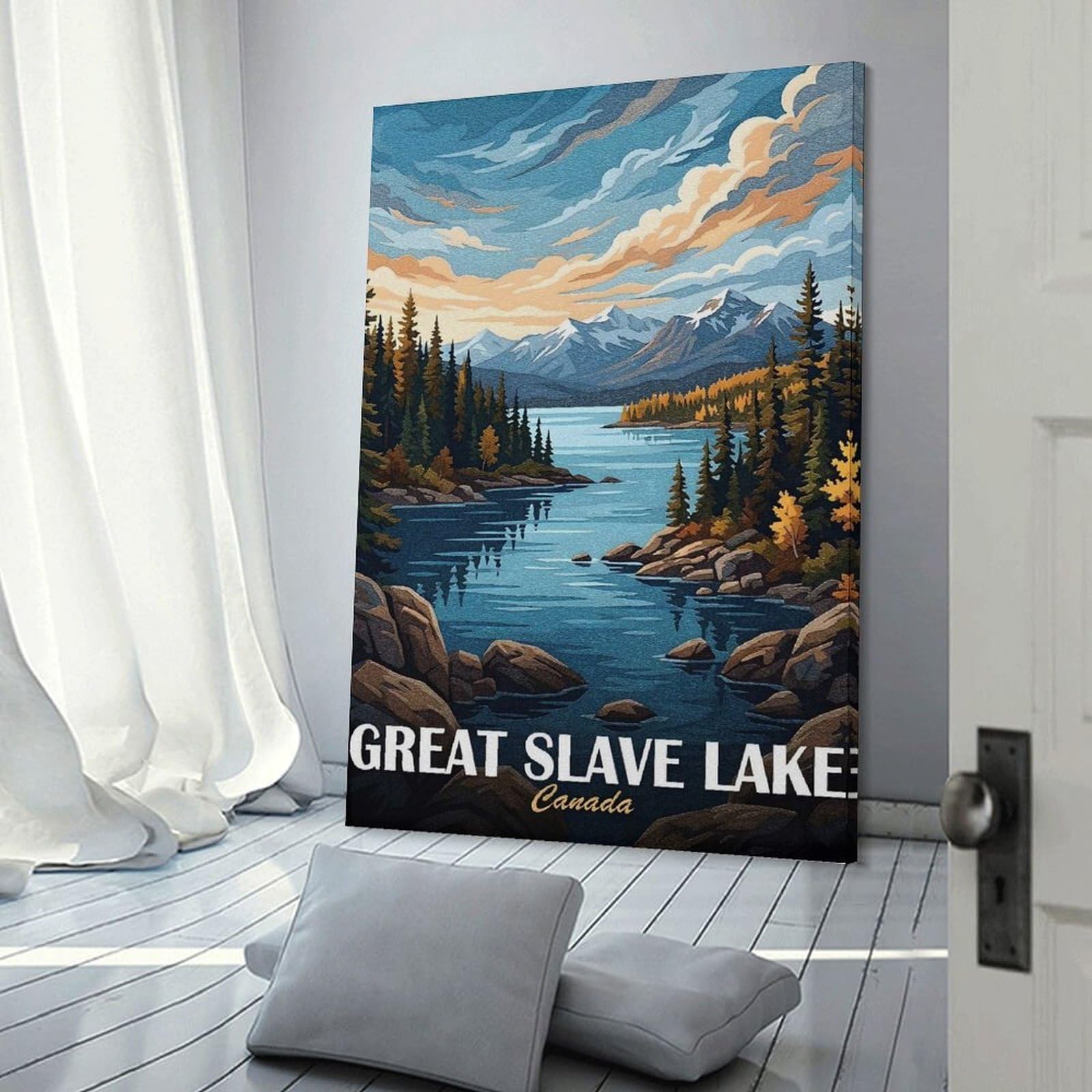 Junmoney Great Slave Lake Canada Landscape Canvas Wall Decor 20x30inch(50x75cm), for Calm Bedrooms, Home Corners Or Flats, A Warm Accent for Relaxed Interiors