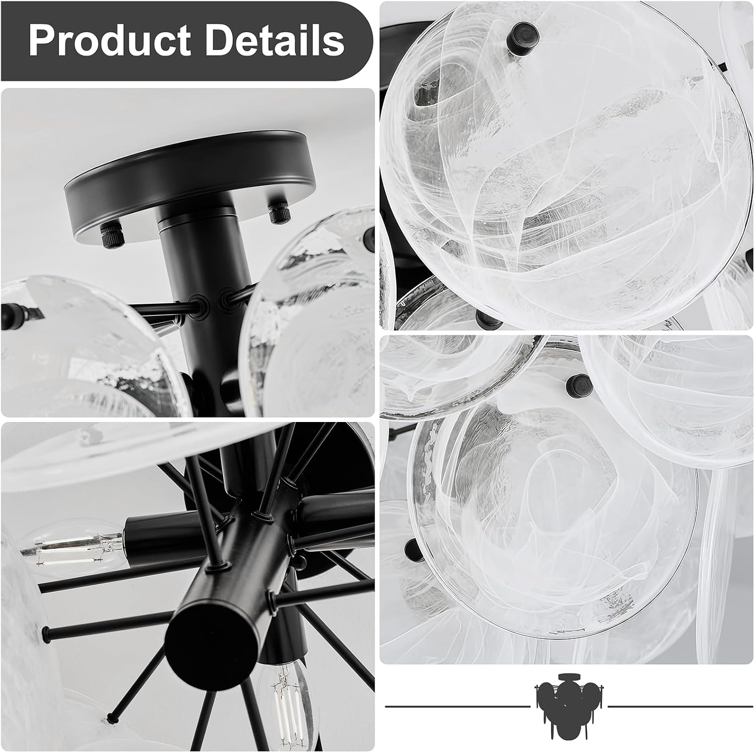 15" Semi Flush Mount Ceiling Light, 13 lb Sturdy Modern Flush Mount Chandelier with Cloud Glass, 4-Light Black Small Vintage Light Fixture for Bedroom Laundry Room Hallway Foyer Entryway