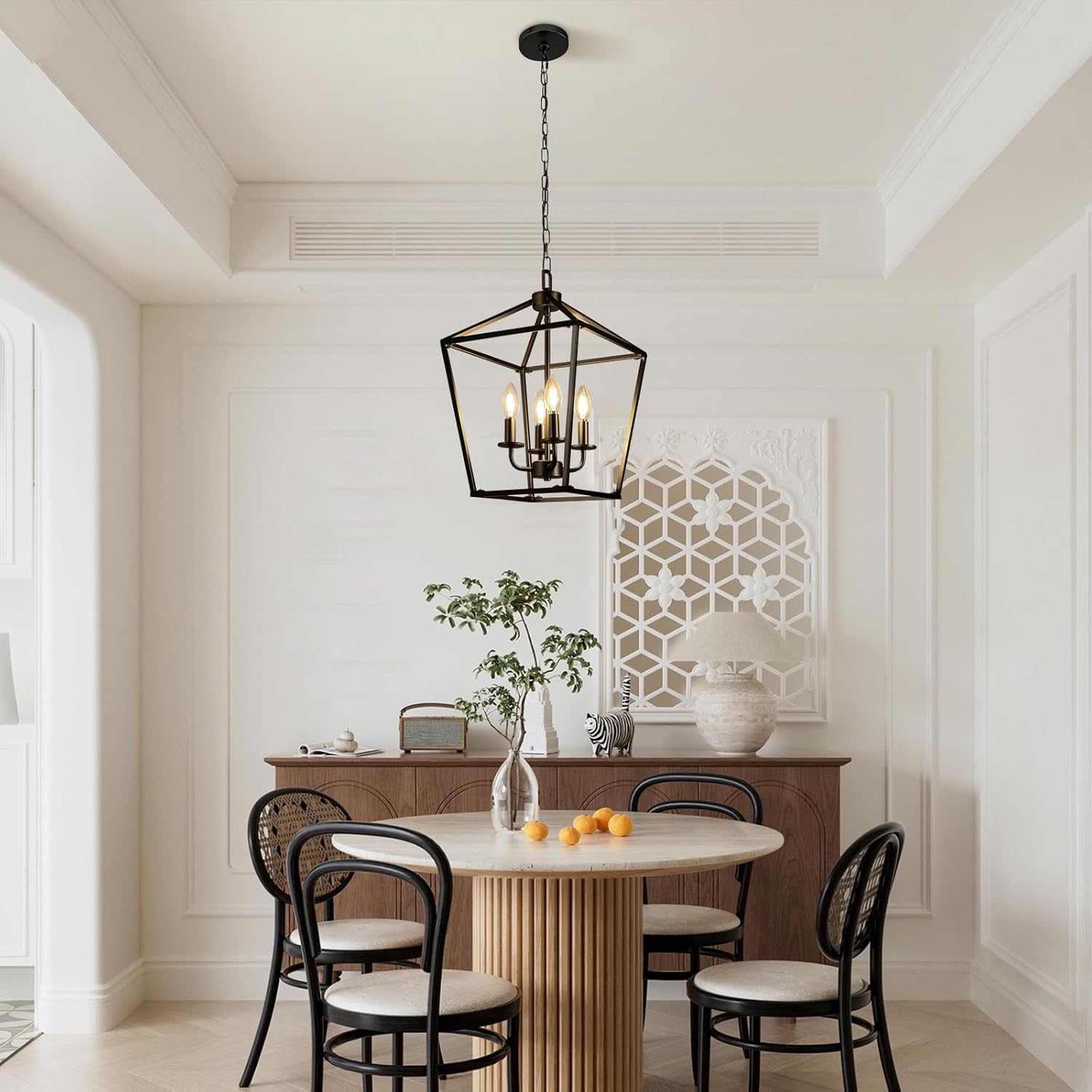 Chandelier,Modern Dining Room Light Fixture,4-Light Lantern Chandeliers For Dining Room,Adjustable Height Light Fixture,Black Chandelier For Living Room/Kitchen Island,Light Fixtures Ceiling Mount