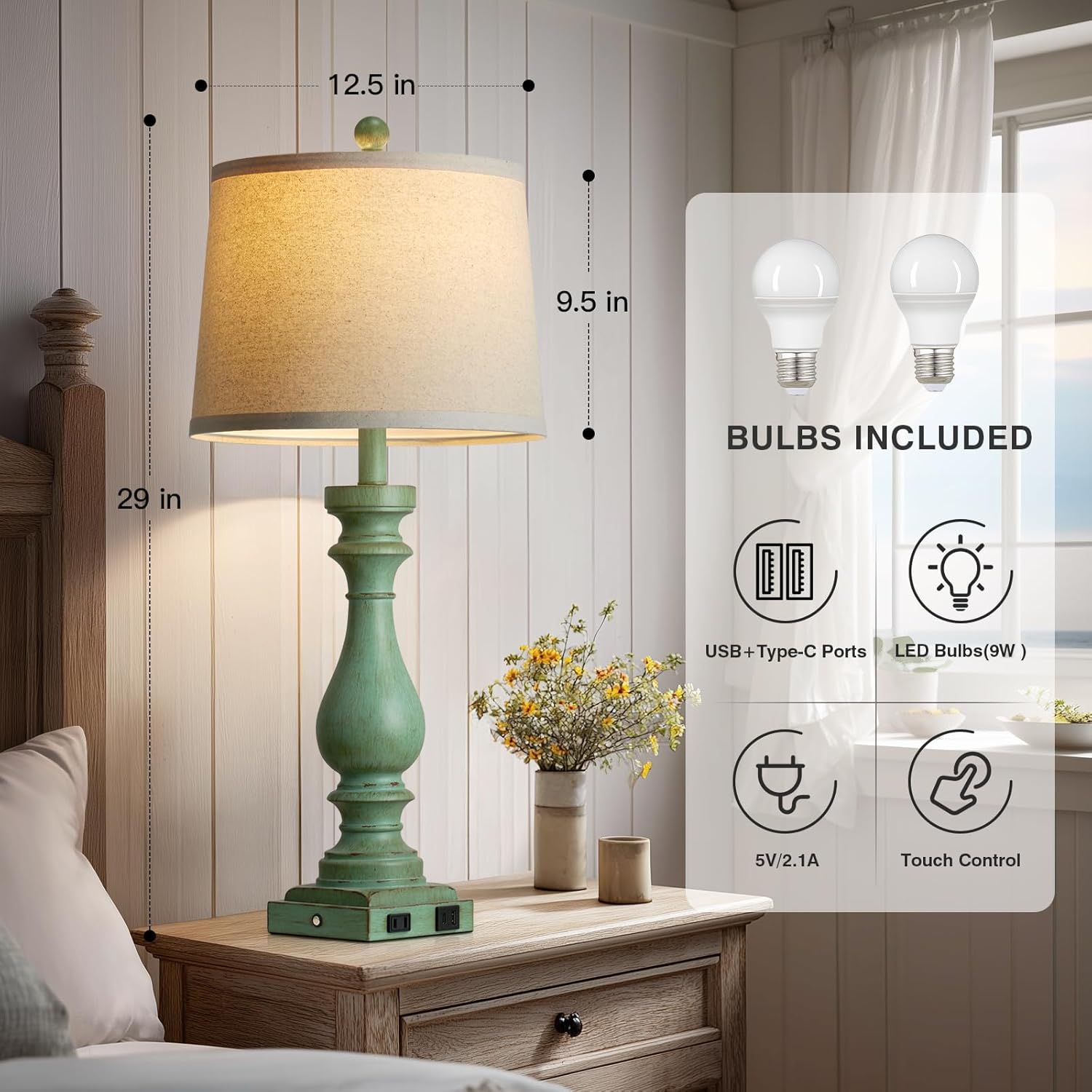 29" Tall Vintage Table Lamps Set of 2,Retro Green Bedside Lamps with USB C+A Ports & AC Outlet,3-Way Dimmable Touch Lamp for Night Stands Living Room Bedroom,Green