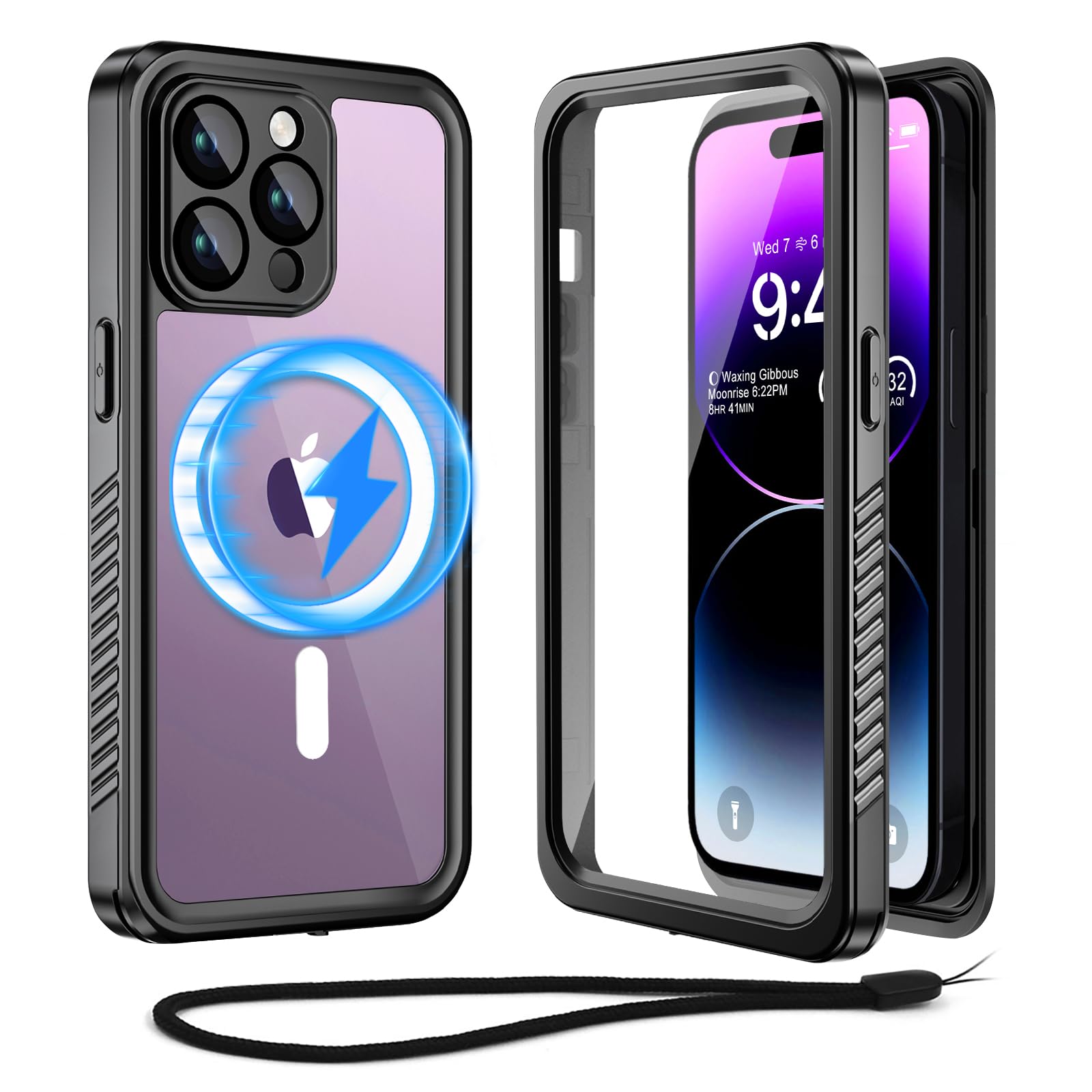 Unitedtime Magnetic for iPhone 14 Pro Max Case Waterproof with Built-in Screen Protector,Compatible with MagSafe Dustproof Heavy Duty Full Body Protective Cover 6.7 Inch (Magnetic Black)