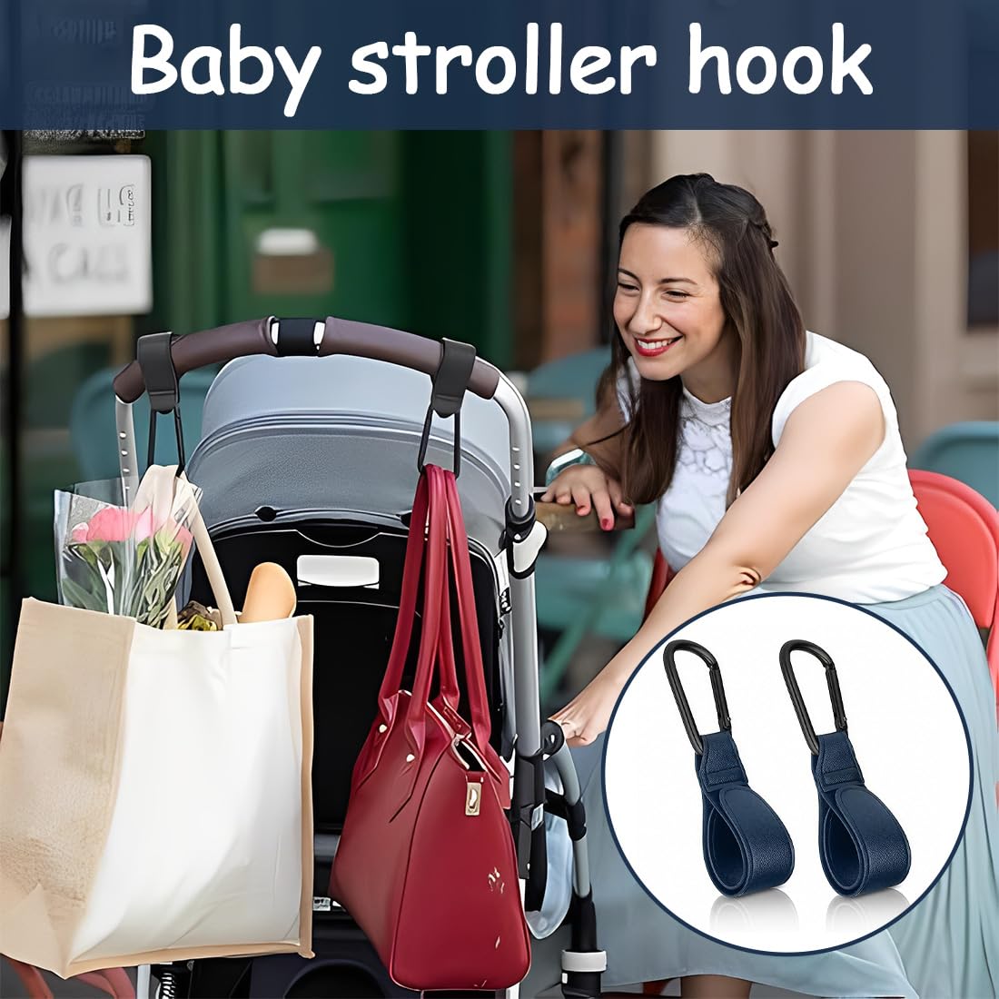Set di 2 Ganci per Passeggino in Pelle PU - Accessorio Universale per Carrozzine e Borsine, Superficie Antiscivolo, Regolabile con Portata fino a 10 kg - Blu, 20 x 3 x 1 cm