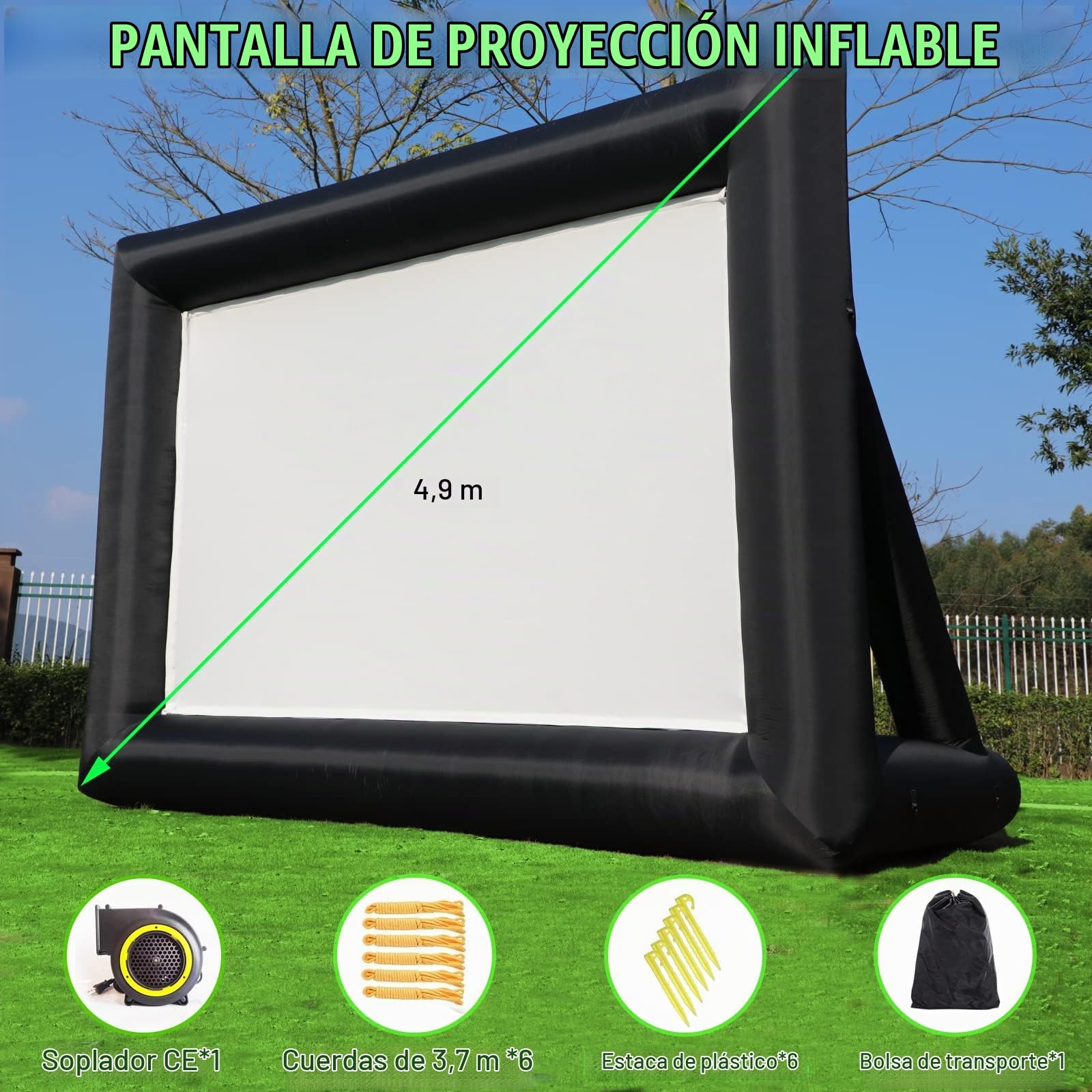 Pantalla inflable para proyector de películas de 16 pies, pantalla de proyector para interiores y exteriores con bolsa de transporte para proyección delantera y trasera