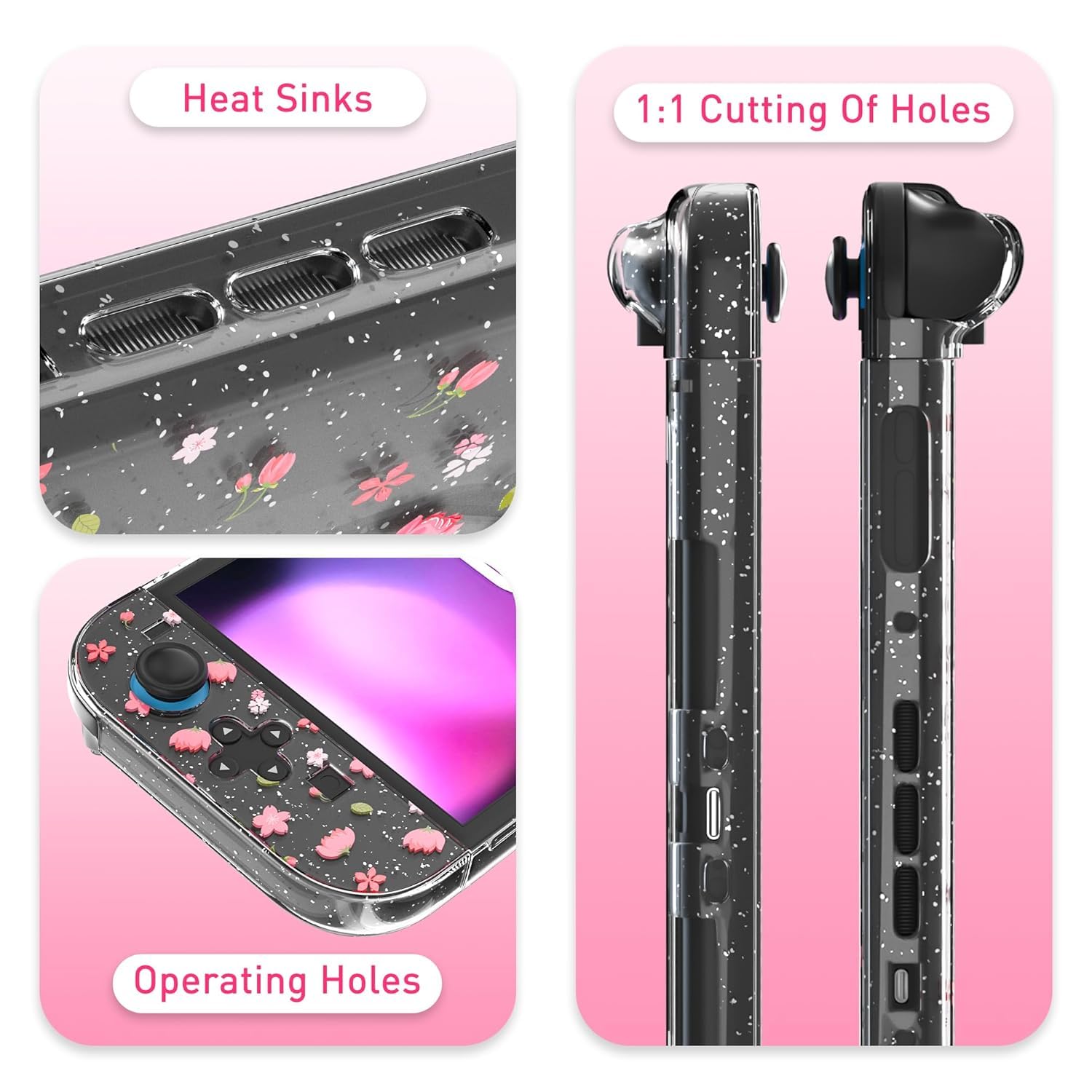 RHOTALL Custodia da trasporto rosa con fiori di ciliegio per Nintendo Switch 2, custodia protettiva da viaggio Sakura, custodia trasparente glitterata con fiore agganciabile per Switch 2, pellicola