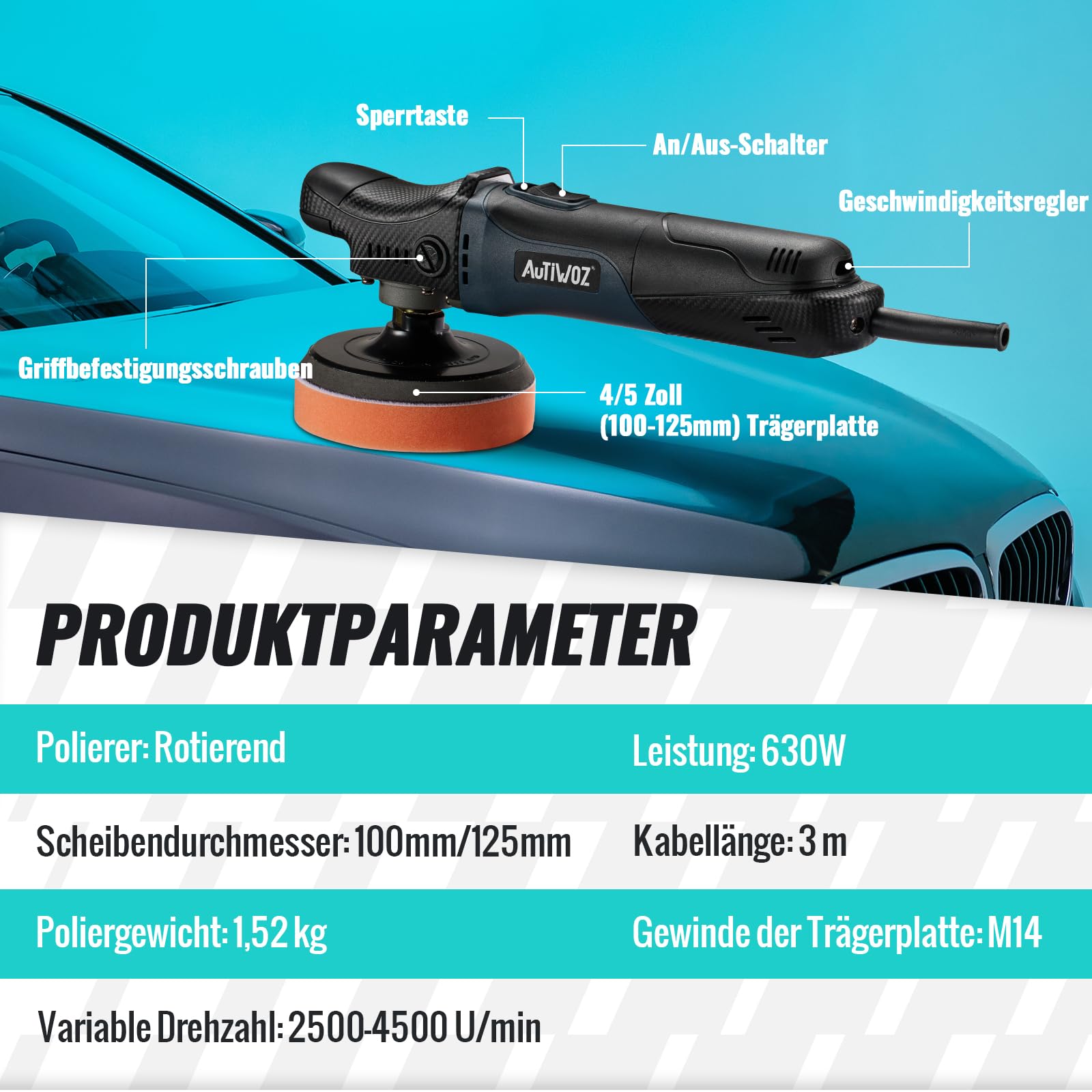 Mini Poliermaschine Auto, AUTIWOZ 630W Polierer mit 6 Variable Geschwindigkeit 2500-4500 RPM, Seitengriff, 100mm/125mm Polierschwamm/Wollscheibe/Schleifpapier, zum Polieren von Auto