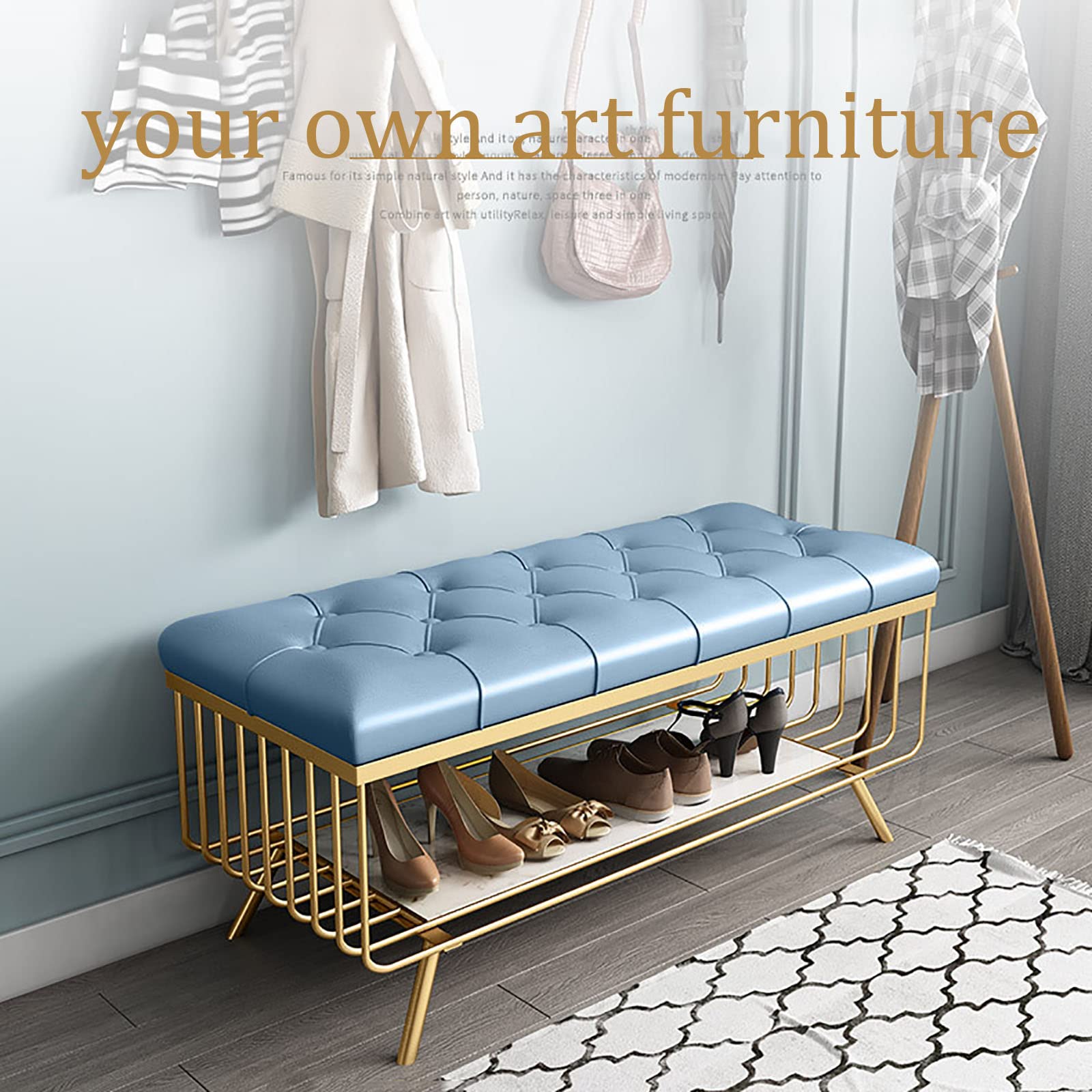Fluwelen Entryway Bank met 2 Tier Gouden Schoen Plank Moderne Schoenenrek Seat voor Hal of Veranda Comfortabele Schoen Opslag Organizer in Groen 60x32x43cm