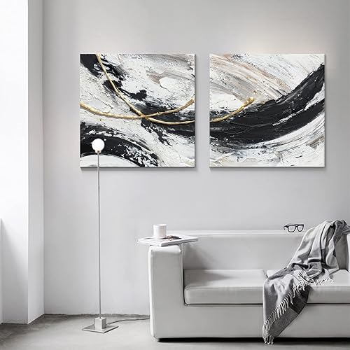 Miniatura 3 de YESTGE Pintura al óleo 100% pintada a mano, lienzo mural de pared para dormitorio, pintura abstracta en blanco y negro, arte de vida 31.5 x 31.5