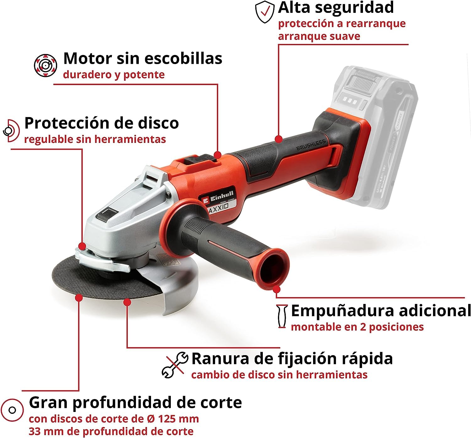 Einhell Amoladora angular con batería AXXIO 18/125 Q Li-Solo Power X-Change (18 V, 125 mm diámetro de disco, 33 mm profundidad de corte, Brushless, Quick-Fix-Nut, sin disco, sin batería)