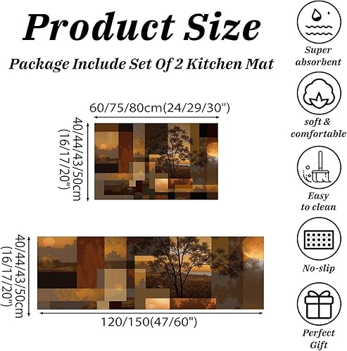 Miniatura 2 de Retro Sunset Forest Kitchen Mats, Abstract Geometry Kitchen Rugs Set of 2, Rust Brown Washable Floor Carpet, Xmas Decor Mats for Hallways Bathroom