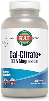 KAL Cal-Citrate+, Calcium Citrate Plus Vitamin D-3 and 500 mg of Magnesium, Healthy Bones and Teeth Support, Gluten Free and Lab Verified for Quality, 60 Servings, 240 Tablets
