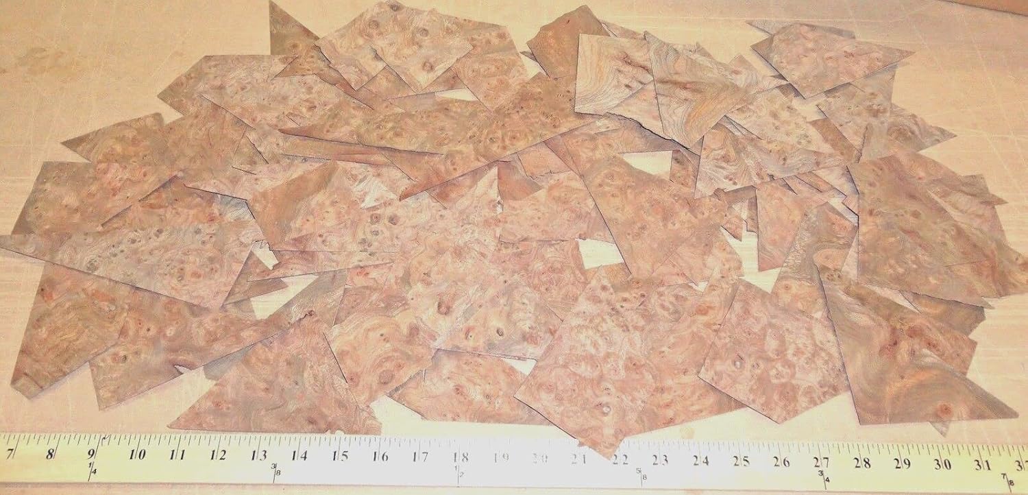 Carpathian Elm Burl Wood Veneer Sample Pack 100 Pieces with no Backing 1/42"