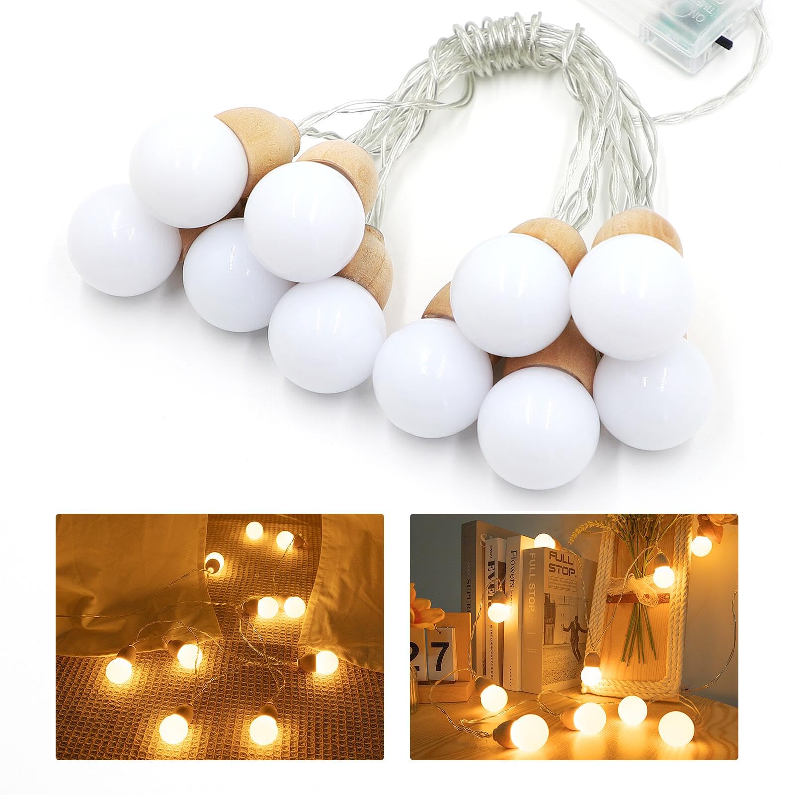 Bigzom Lichterkette innen, Lichterkette Batterie 2M 10 Lichter Ball Warmweiße batteriebetrieben Mit Zeitsteuerungsfunktion, Lichterkette kugeln Batterie- Ø30mm je Kugel Kugel